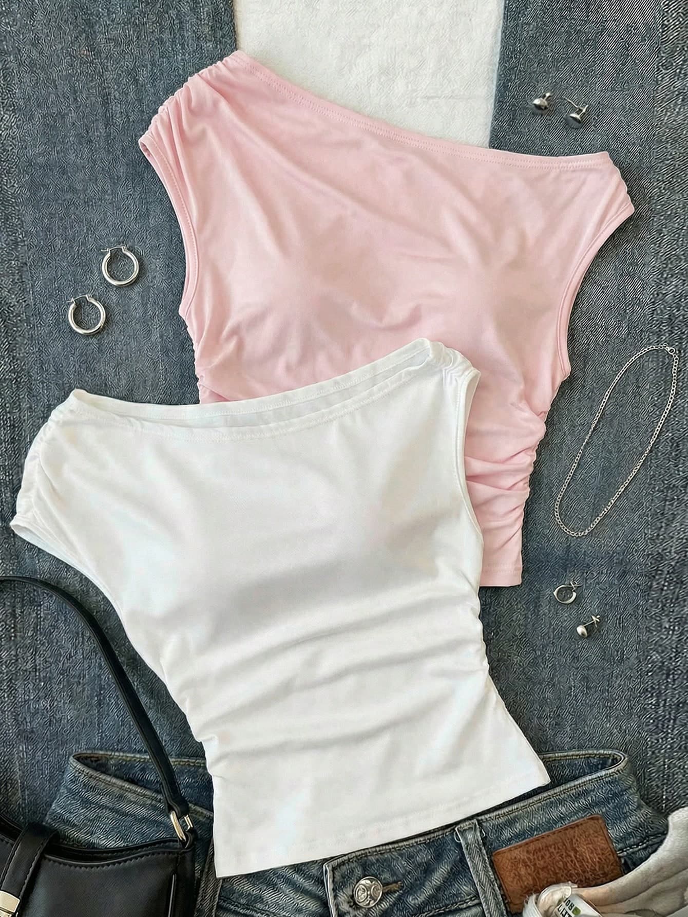 SHEIN Teen Girls' 2-Piece Set, White And Pink Knit Casual Ruched Asymmetrical-Shoulder Fitted Cropped Top & Bottom Set, Sweet Cute Summer Party Outfits