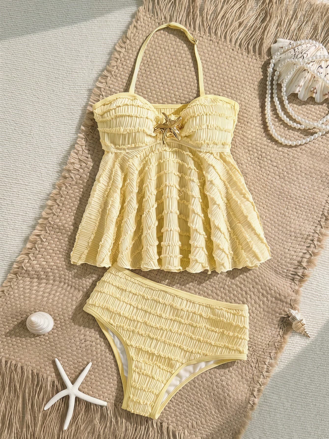 SHEIN Tween Girl Halter Tie Starfish & Shell Decor Ruffle Yellow Knit Texture Dolly Swimwear Set, Beach Vacation, Cruise, Island Resort, Beach Outfit