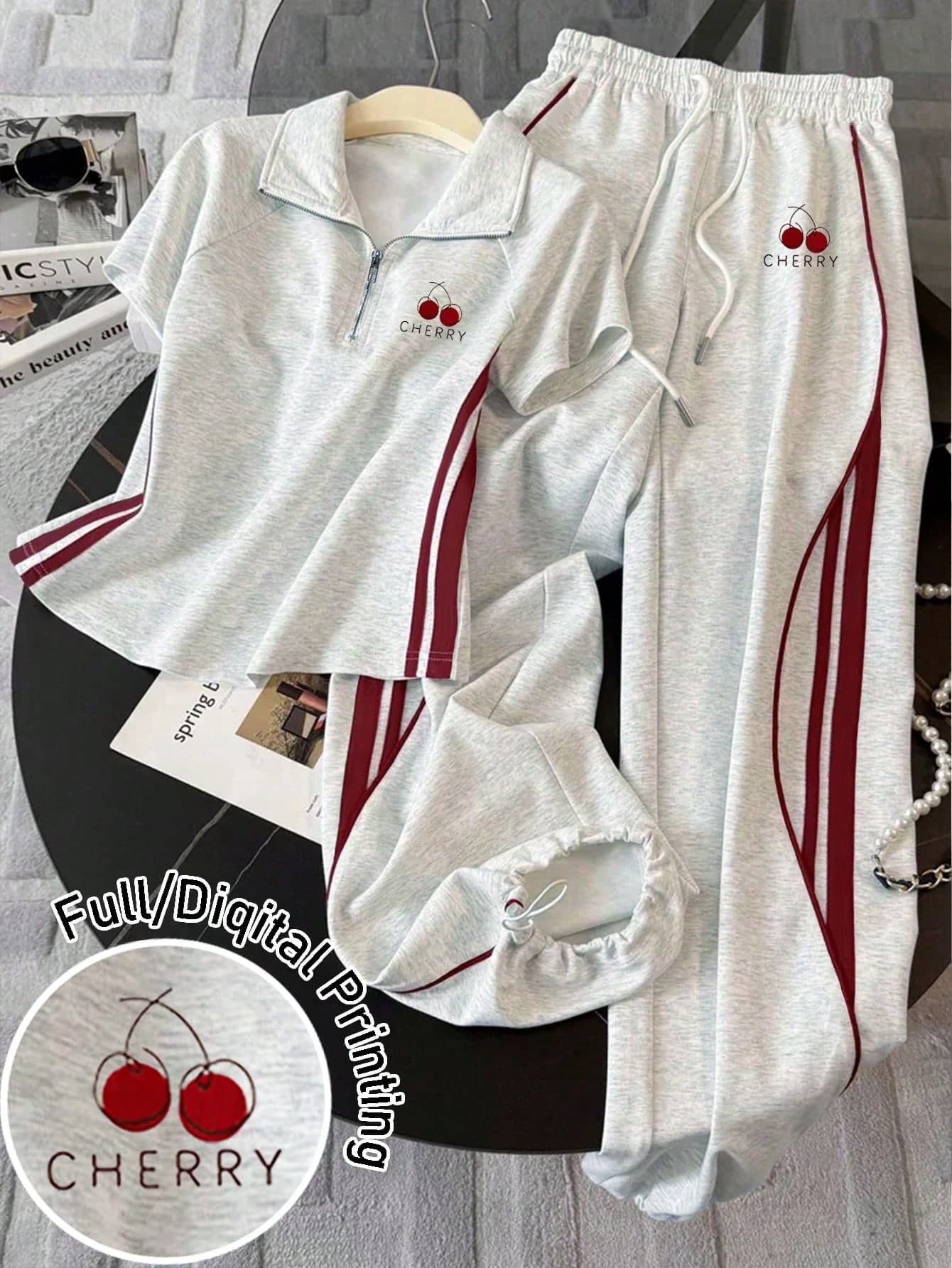 Resyla Stand Collar Raglan Short Sleeve Top + Casual Pants Set