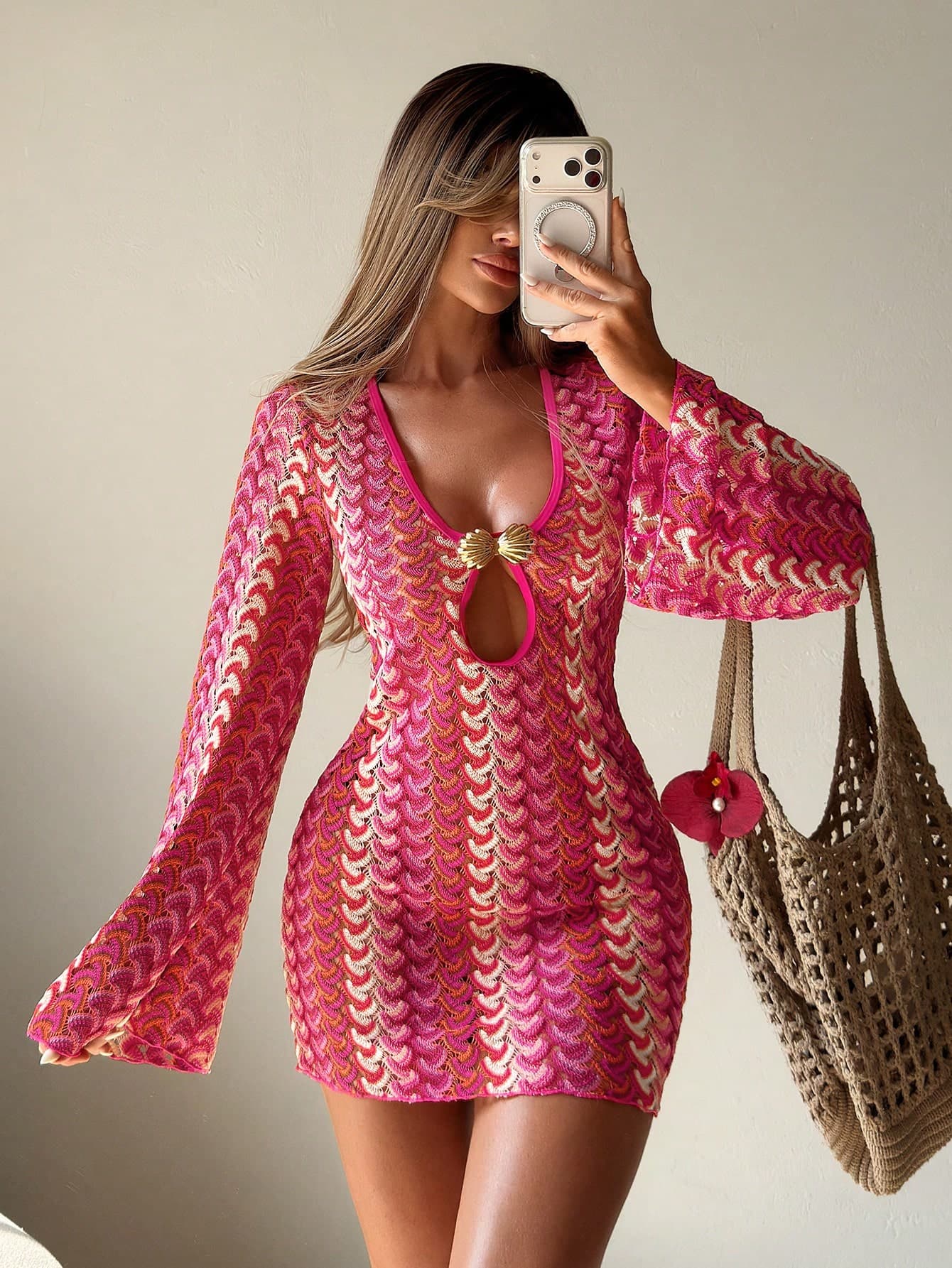 Swim SXY Swim Mod Women's Swimsuit Cover-Up,Pink Summer Casual Beach Party Holiday Vacation Holiday,Textured Knit Fabric,Metal Shell Neckline Fitted Style