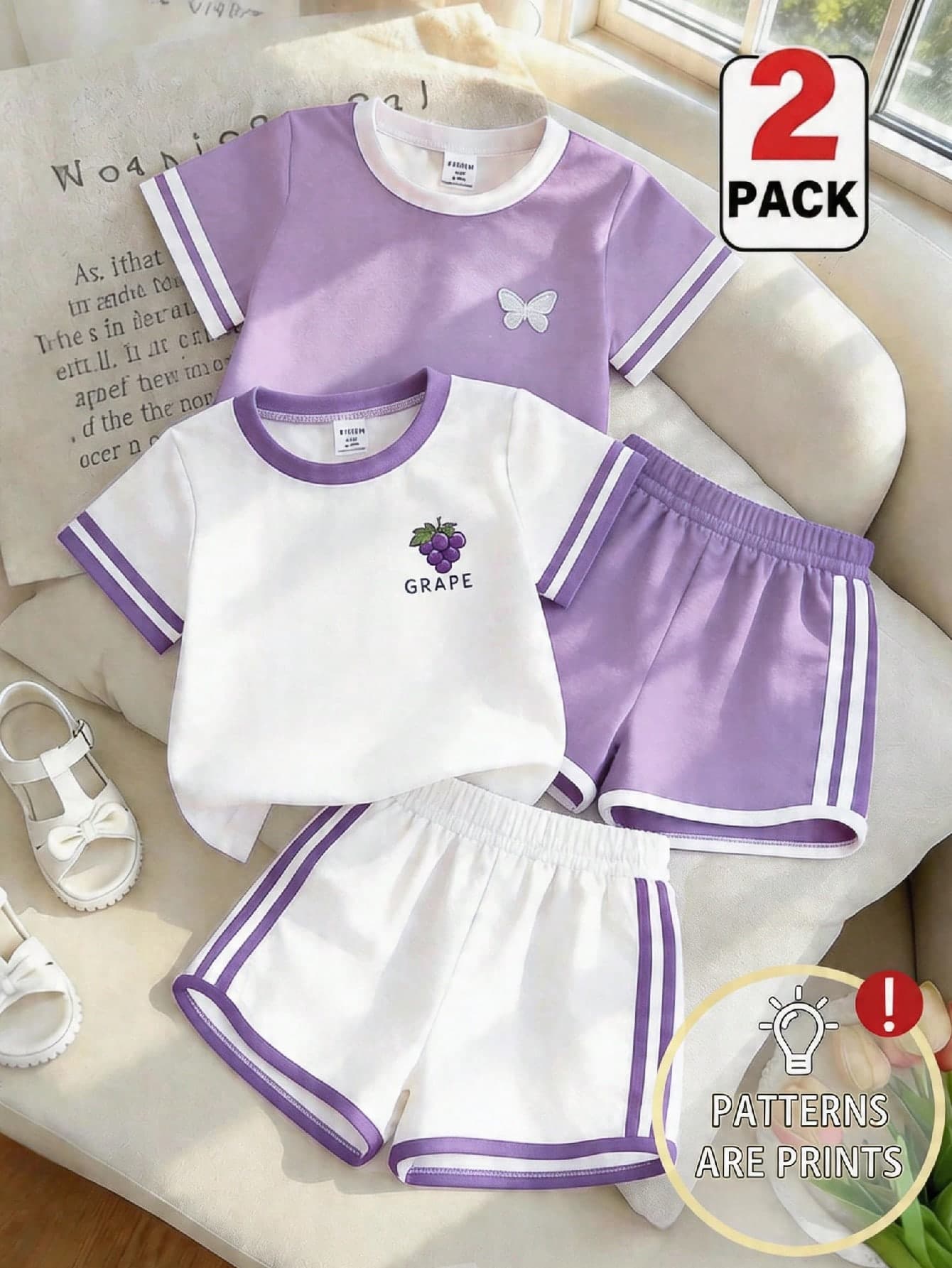 Souflis Souflis Girls Grape & Butterfly Print Top And Shorts Set,2-Piece Adorable Summer Style Outfit,Casual Daily Wear Fashionable Street Clothing For Girls,Purple
