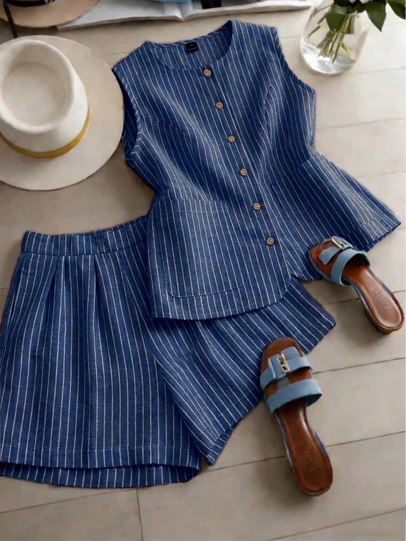 GlowEve Women's Woven Summer Blue And White Stripe Two Pieces Set With Elegant Casual Style Holiday Vacation
