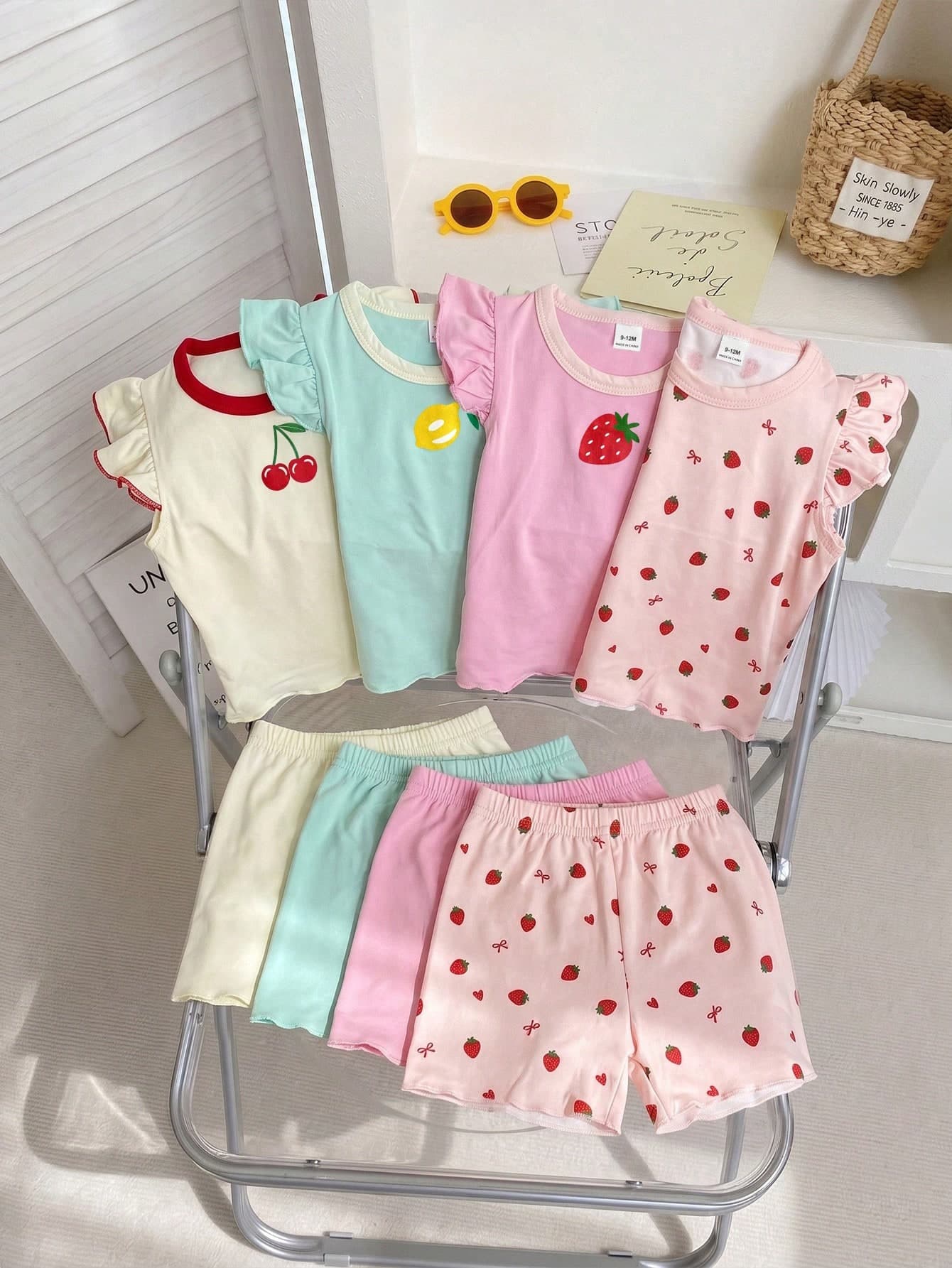 SHEIN 8pcs Baby Girls' Cute Pink Summer Outfit Fruit Strawberry Lemon Cherry Ruffle Sleeve Tops & Shorts Set Family Matching Korean Style Clothes 3M-3T