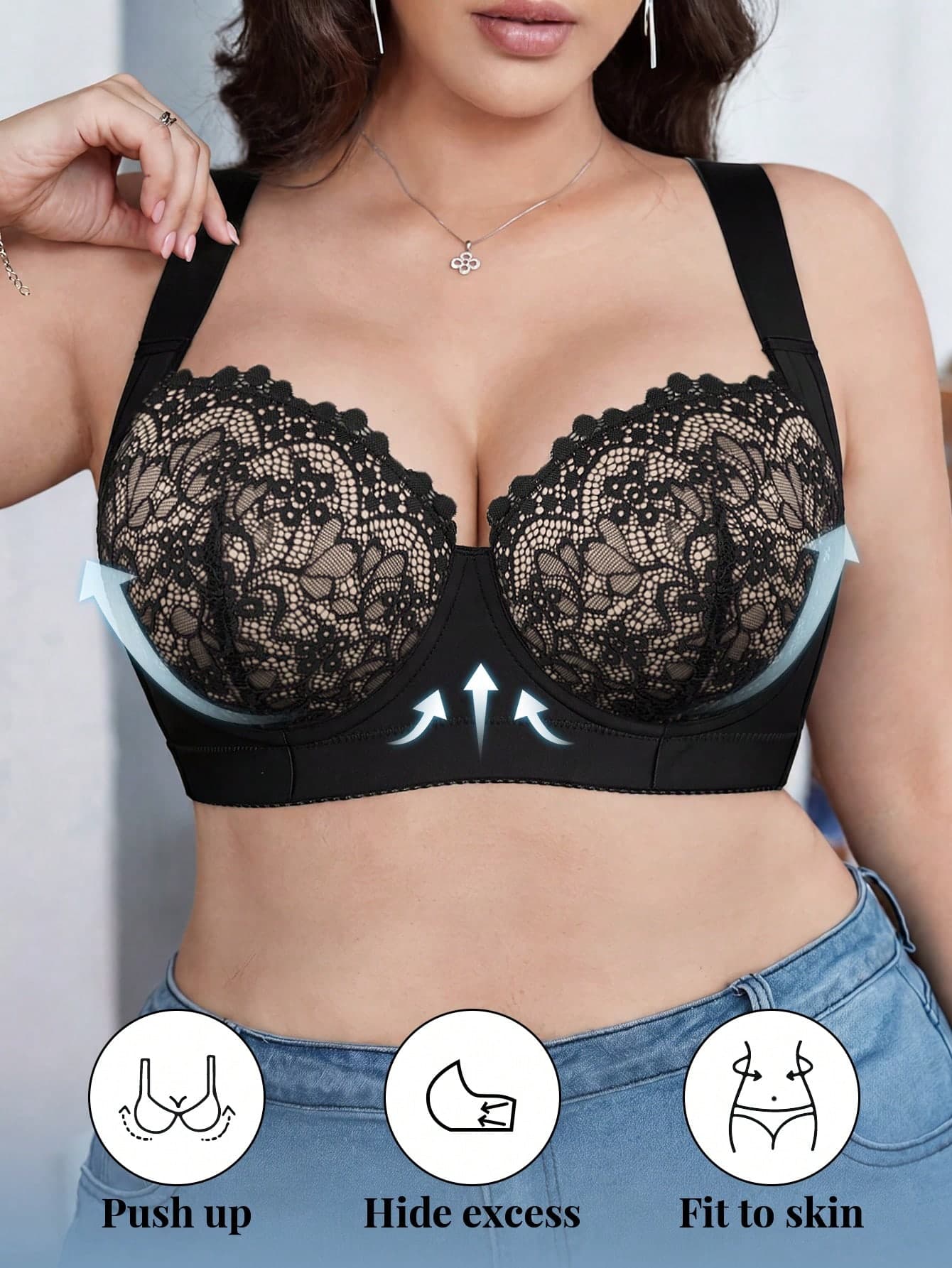 DesireSculpt 1pc Plus Size Lace Patchwork Comfortable Seamless Wireless Adjustable Supportive Bra Black Summer