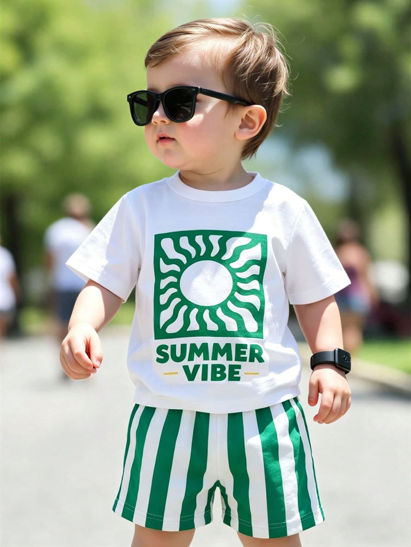2pcs/Set Toddler Boys' White Summer Matching Family Vacation Holiday Sunshine Print Round Neck T-Shirt And Striped Shorts,Infant Boy Summer Outfit