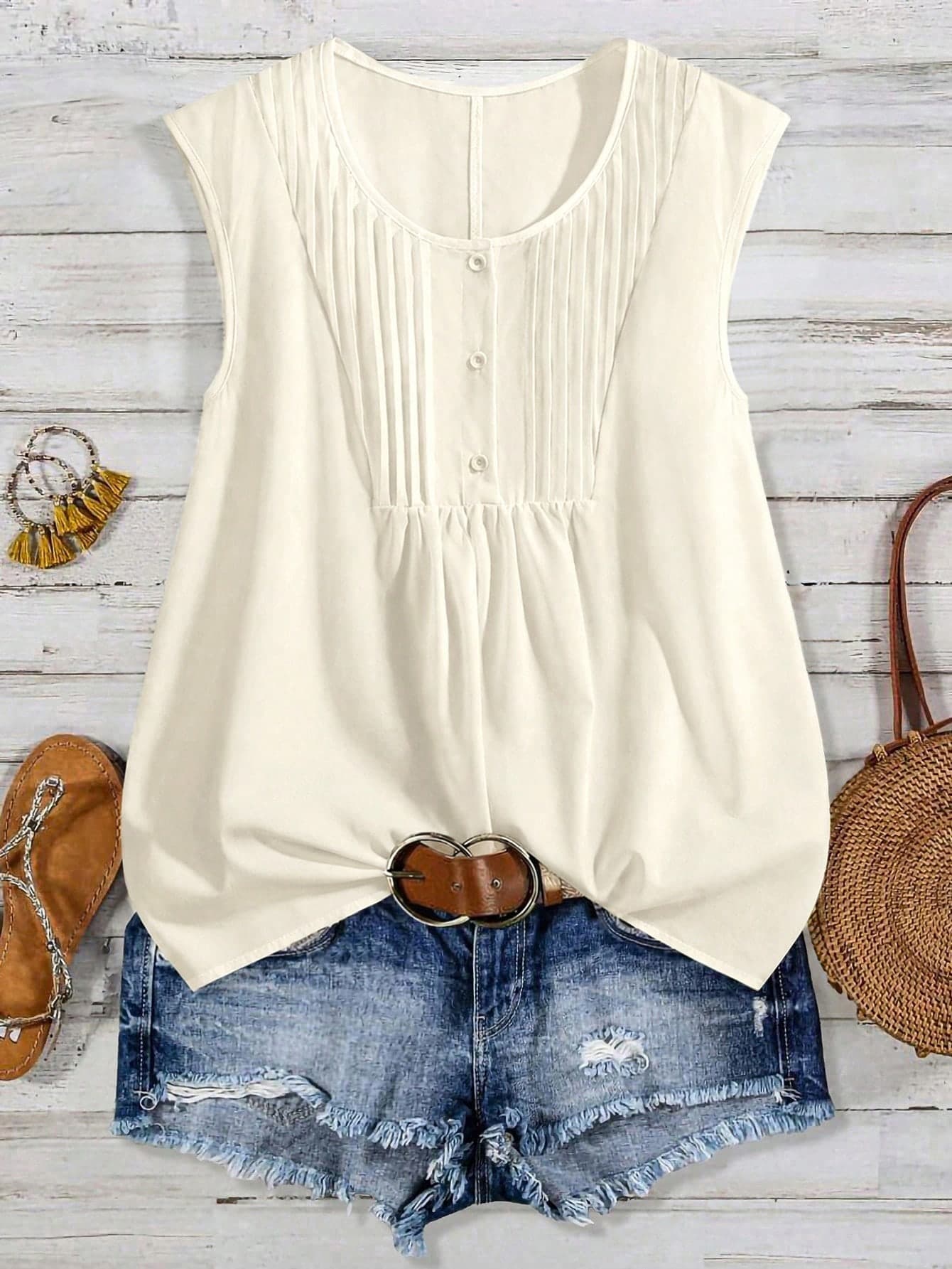 SHEIN LUNE CURVE Plus Size Women Round Neck Button-Up Shirt, Spring/Summer Bussines Vacation Beige Casual