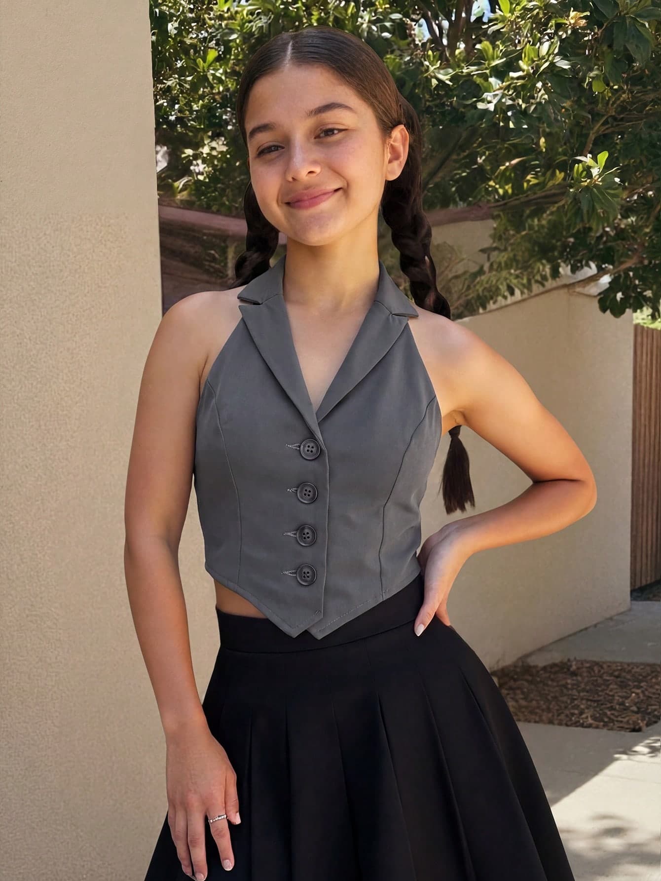Firerie Kids Firerie Kids SHEIN Kids Tween Girls' Gray Casual Lapel Vest Sleeveless Shirt