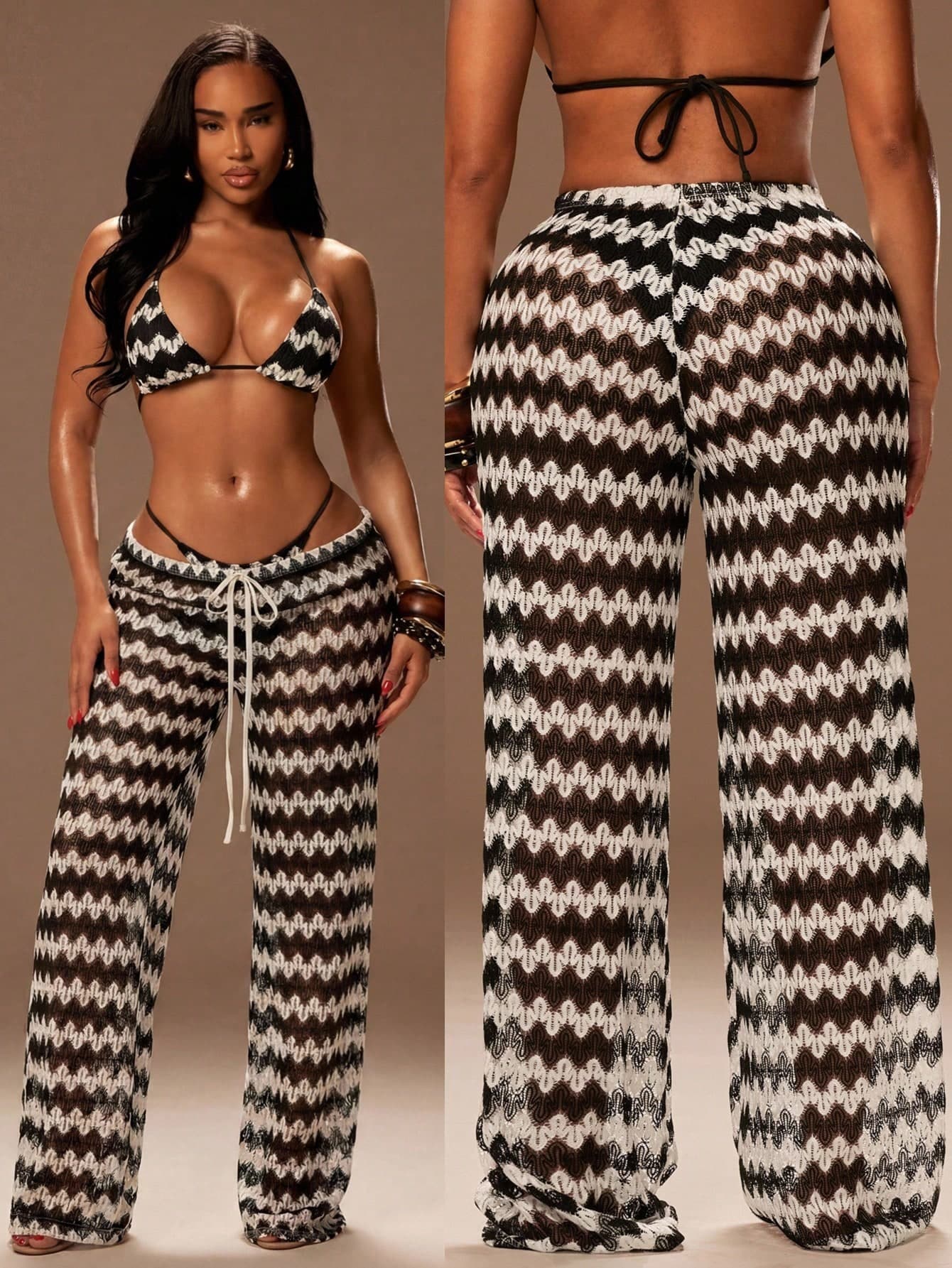 Radiana Women's Casual Black And White Striped Crochet Low-Waist Wide-Leg Pants,Loose Summer Vacation Bikini Cover-Up Holiday Beach Resort Outfits
