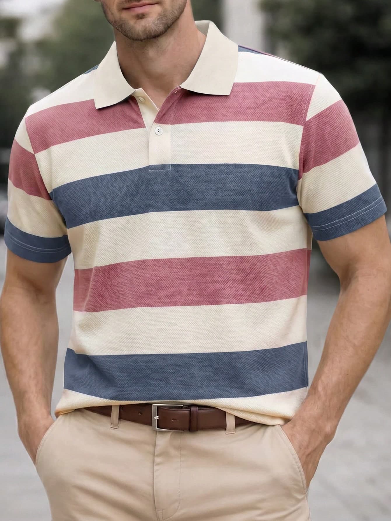Calvornis Men's Short Sleeve Blue And White Stripe Textured Polo Shirt,Summer,Smart Casual,Golf,Old Money Style,Vintage Streetwear For Office,Outdoor,Holiday