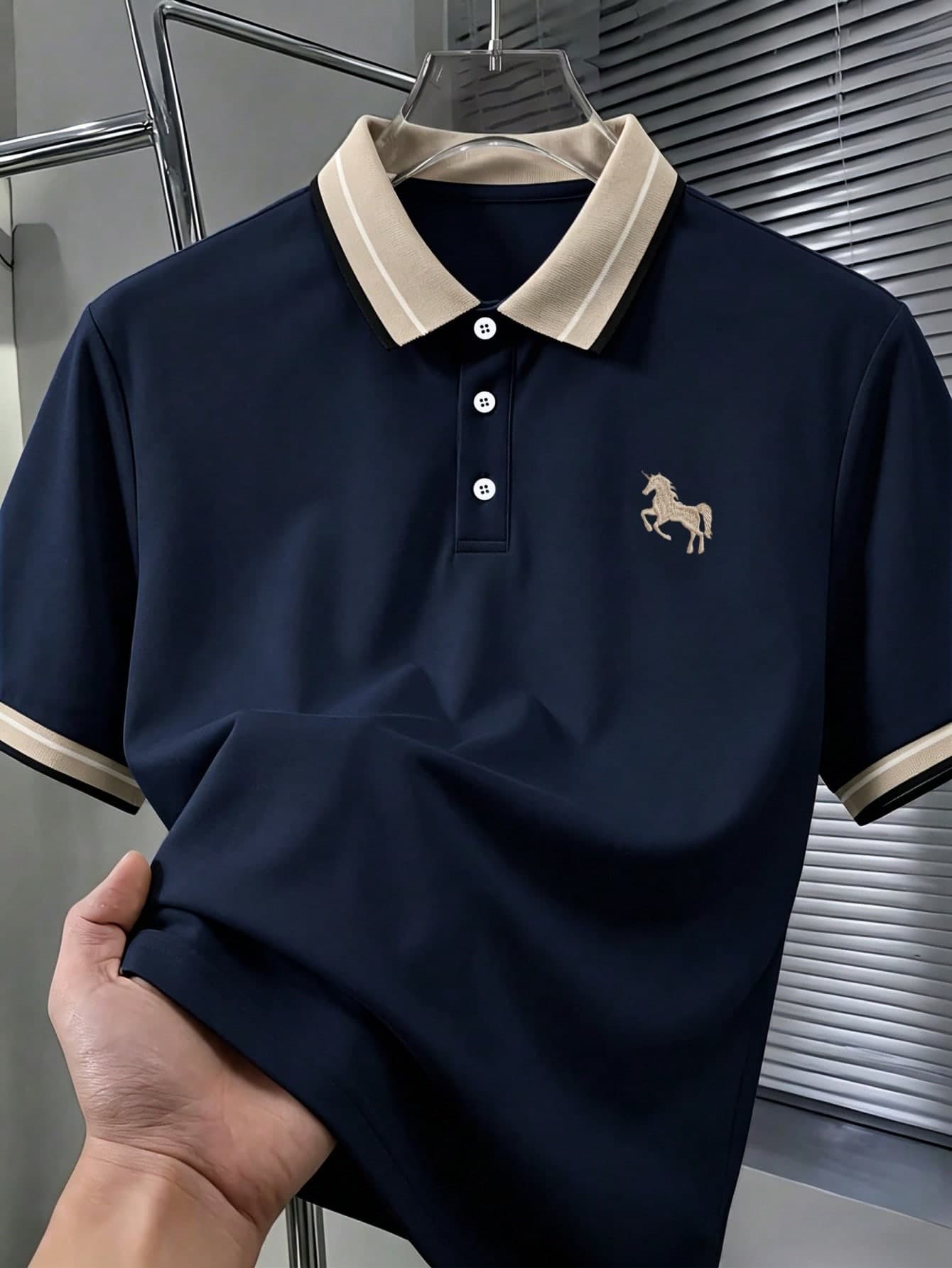 Calvornis Men's Jacquard Collar Embroidered Short Sleeve Casual Formal Polo Shirt, Ceremony