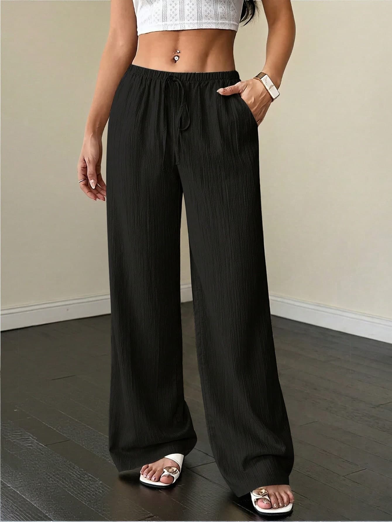 Flirla Petite Women's Solid Color Pocket Drawstring Waist Wide Leg Pants Fall Cloth For Women ,Petite Women