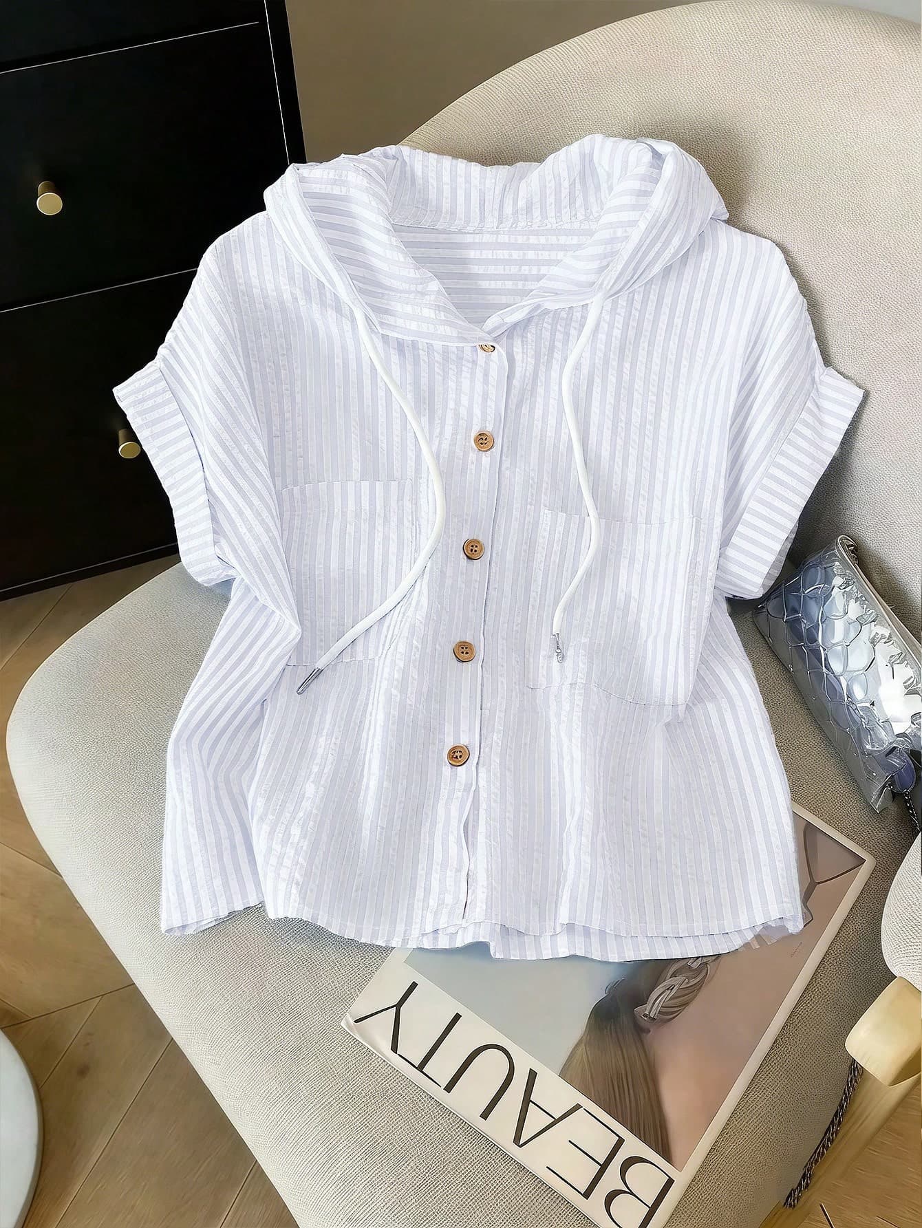 GlowEve Women's Summer Casual Versatile Textured Striped Chiffon Hooded Blouse With Pockets, Short Sleeve