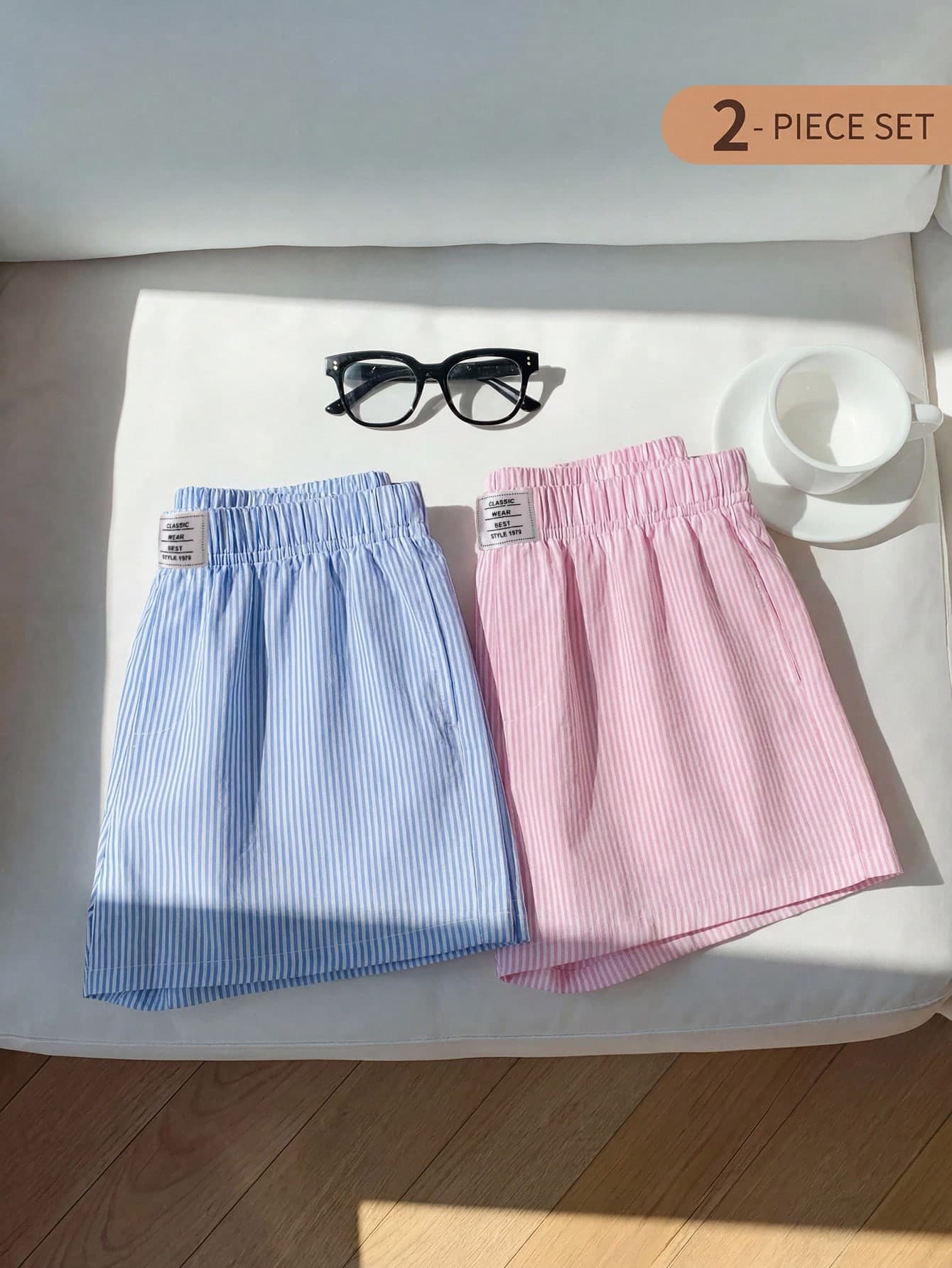 SHEIN 2pcs/Set Tween Girls' Colorful Striped Shorts, Fashionable And Stylish For Outings And Travel