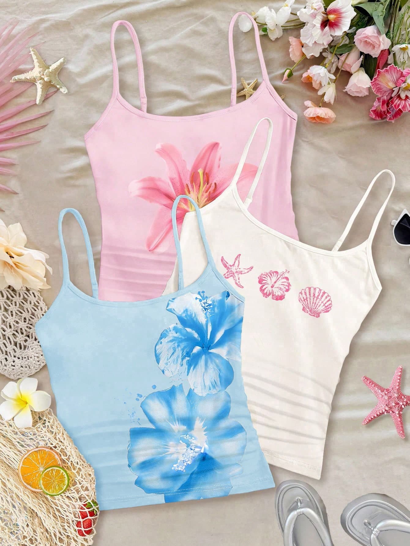 3-Pack Teen Girl Fitted Sports Racerback Tank Top,Tropical Floral Hibiscus,Starfish & Seashell,Pink,Summer,Beach,Vacation,Holiday Casual Cami Tops