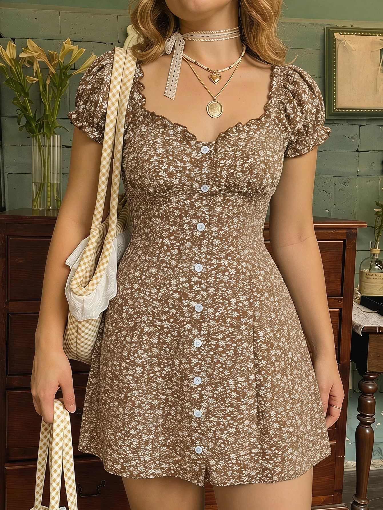 SHEIN MOD Vintage Plus Size Dress With Frill Trim, Ditsy Floral, And Sweetheart Neckline, For Summer,Beach Dress Sundress,Holiday Outfits Boho