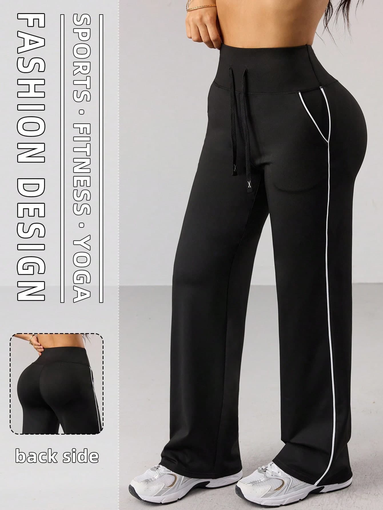 Dewbera Dewbera Contrast Color Stripe Decor Pocket Casual Sports Yoga Pants