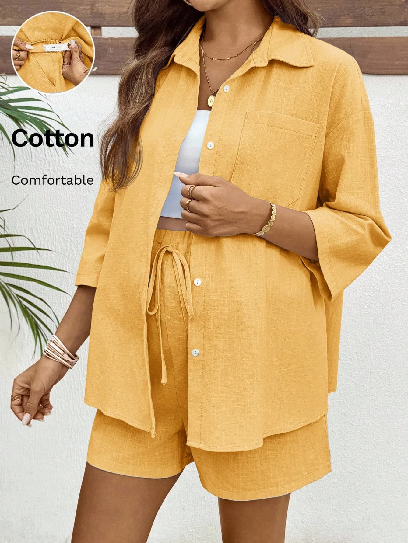 SHEIN 2pcs Maternity Casual Business Casual Vacation Commute Solid Color Loose Fit Dolman Blouse And Shorts Set, Autumn Beach