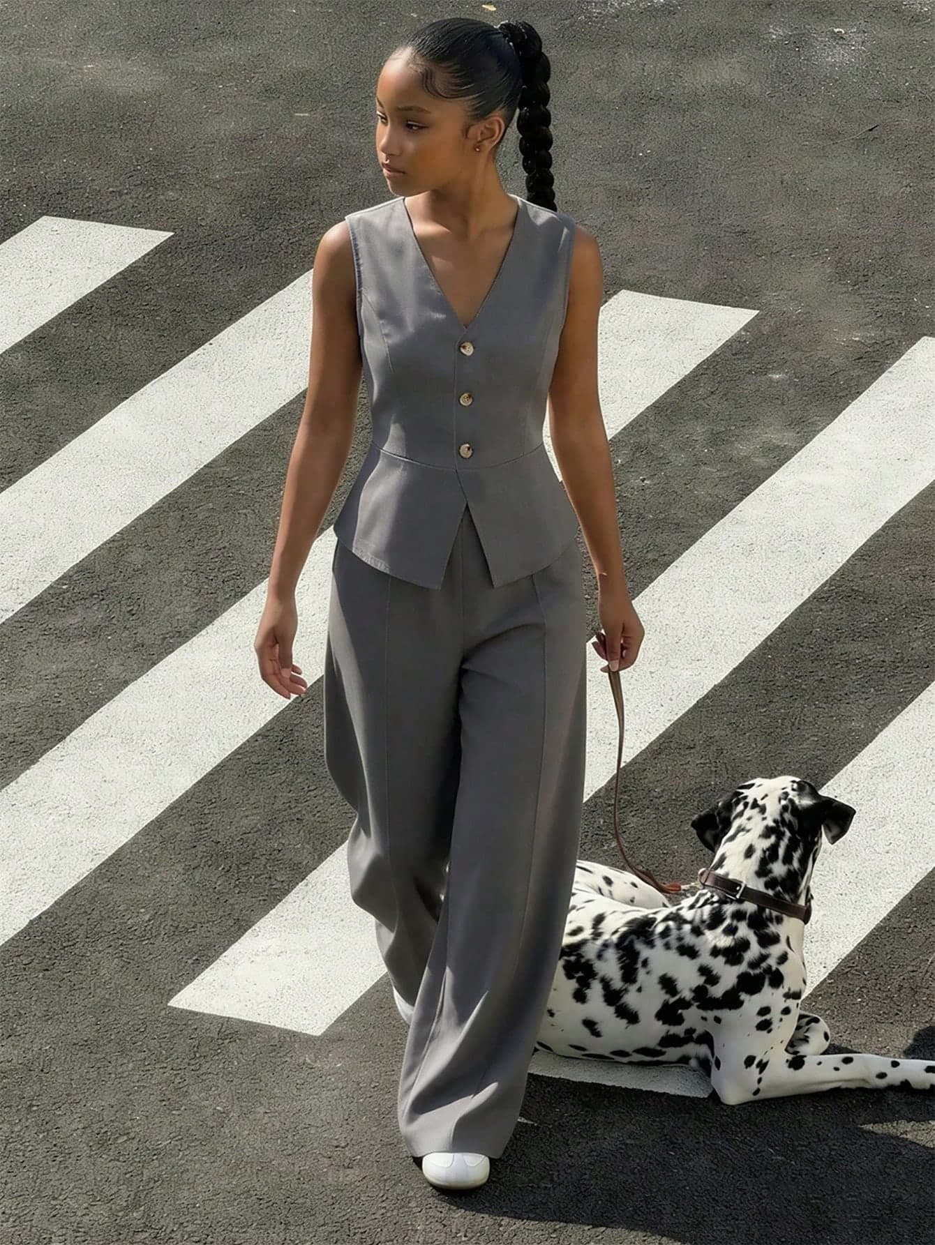 Teen Girl's Spring/Summer Elegant Commute School Formal Open-Front Sleeveless Suit Vest + Loose Straight-Leg Trousers Woven Solid Color Suit