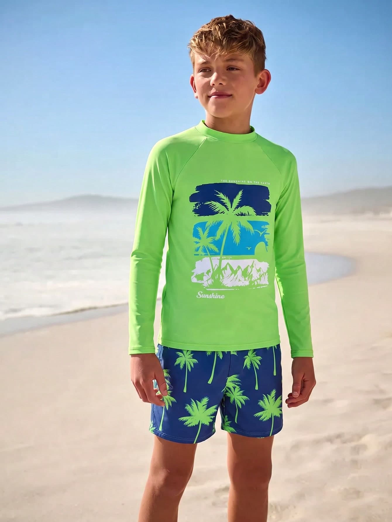SHEIN 2pcs Tween Boys Swimwear Set,Mint Green Raglan Sleeve Palm Tree Graphic Top&Navy Blue Bottom,Summer Casual Vacation Holiday Beach Pool Party Swimsuit