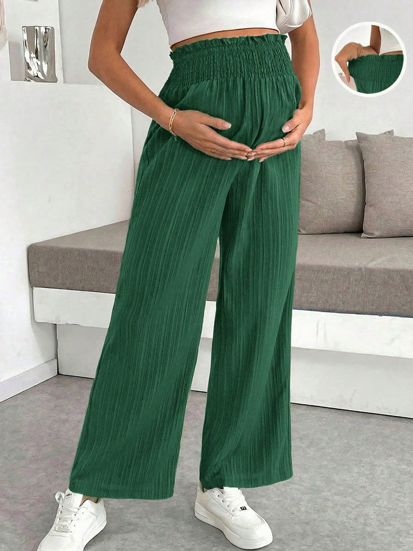 SHEIN Pregnant Women's Casual Vacation Solid Color Textured Fabric Drawstring Waist Loose Wide Leg Pants, Spring/Summer/Autumn Fall