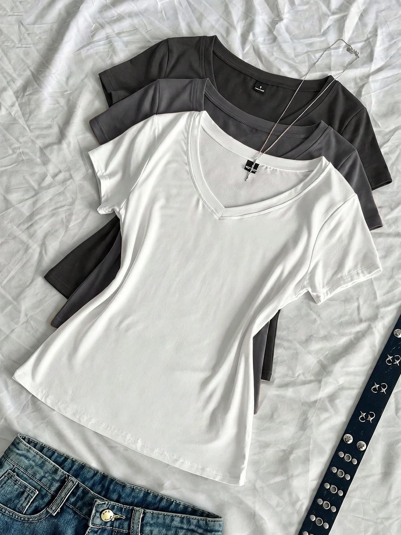 SHEIN EZwear 3pcs Women's Summer V-Neck Tight T-Shirts, Punk Subculture Anime Solid Color Basic V-Neck Short Sleeve Slim Fit T-Shirts,Summer Top