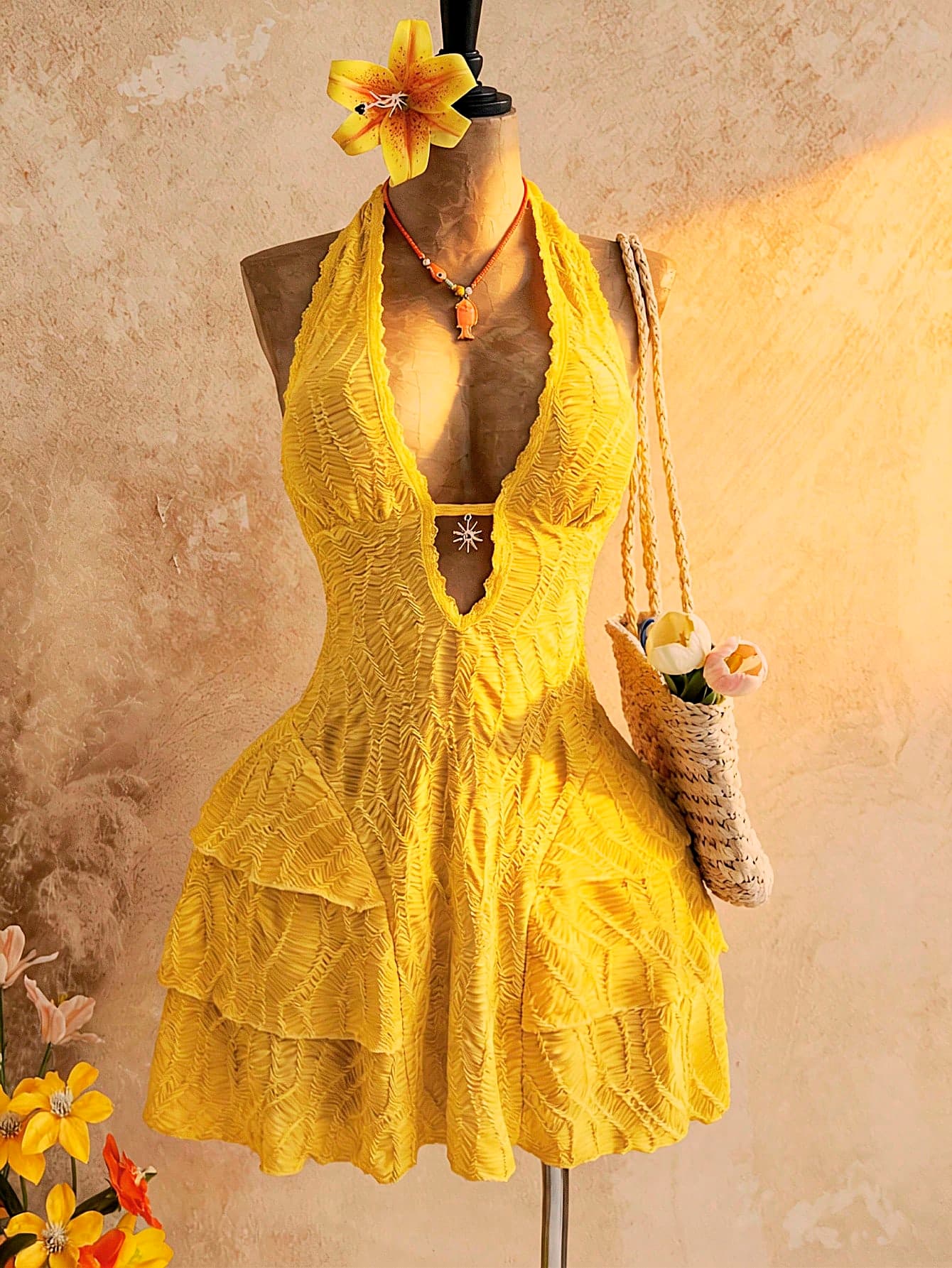Soleia Women's Yellow Summer Boho Mini Dress, V-Neck Sunflower Decor Halter Tie Backless Multilayer Ruffle Dress,Holiday Vacation Outfits For Beach