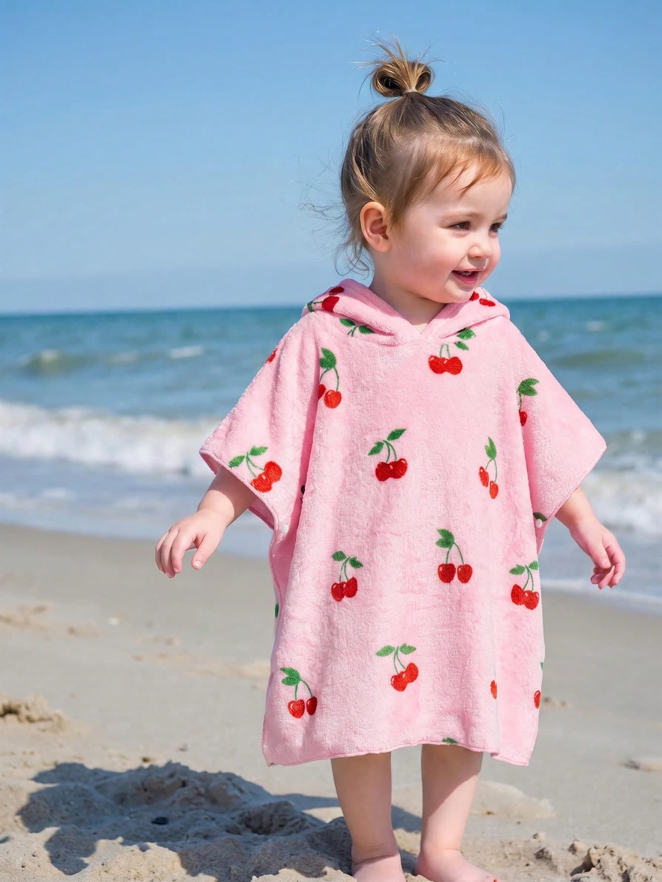 Baby Girl Cute Pink Cherry Pattern Hooded Flannel Bathrobe,Absorbent Towel Beach Cover Up,Summer Holiday Party Pajamas,Comfortable All Season Blanket