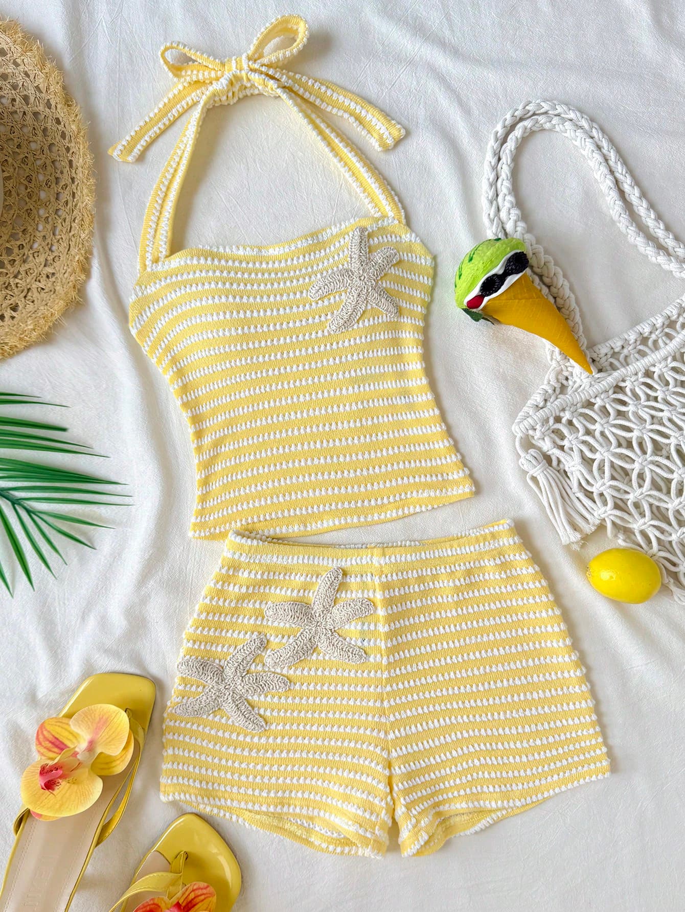 SHEIN Tween Girl Cute Butter Yellow Summer 2-Piece Set,Halter Neck Sleeveless Starfish Striped Tank Top And Shorts Knit Outfit For Vacation,Holiday
