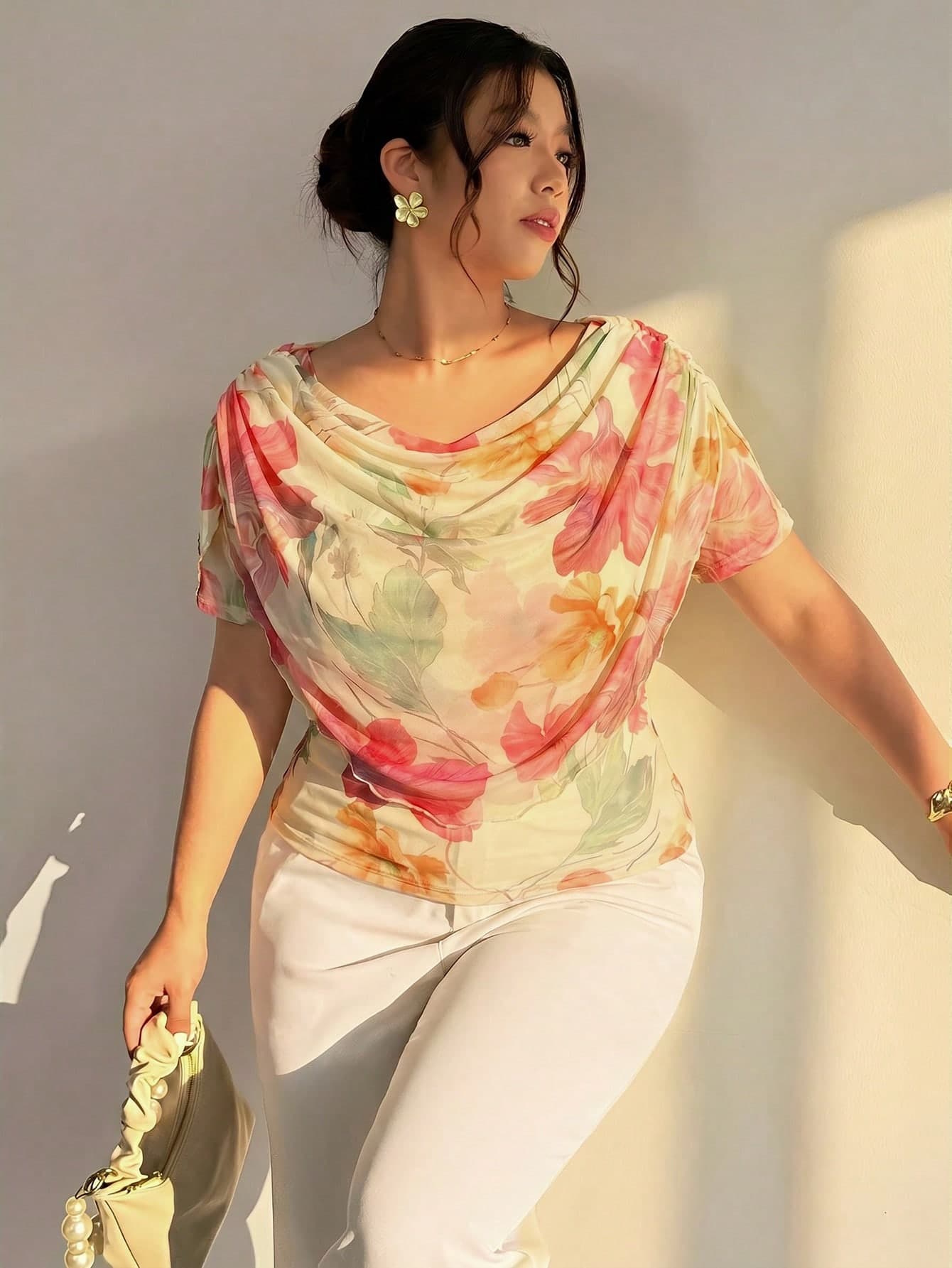 Firerie Plus Size Women Elegant Sheer Mesh Blouse,Beige Summer Plunging Neck Fitted T-Shirt,Wedding Guest Tea Party Formal Dinner Mermaid Style Tops
