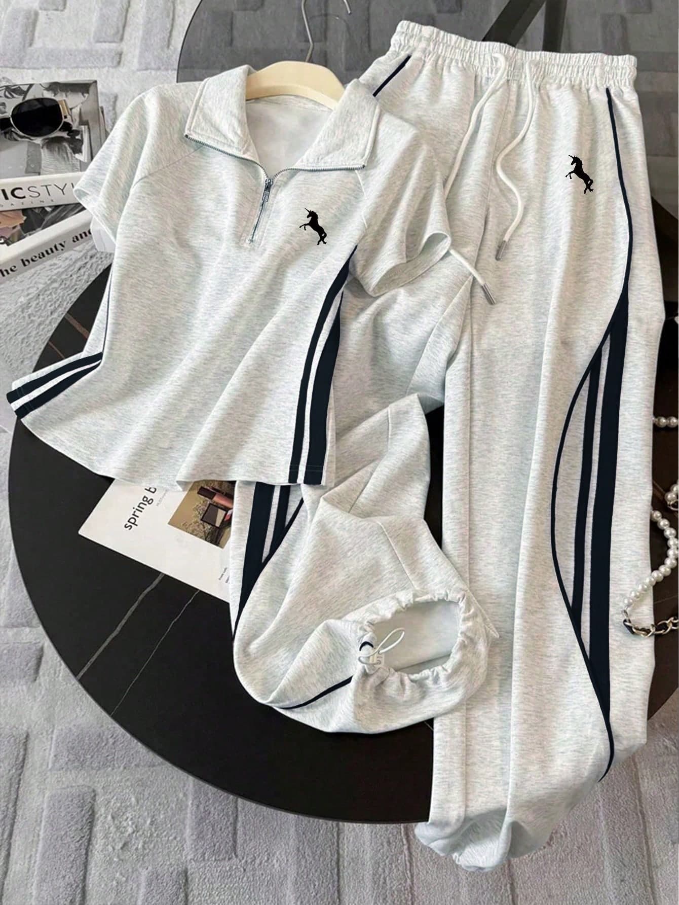 Resyla Women's Unicorn Print Crew Neck Raglan Sleeve T-Shirt And Casual Pants Set
