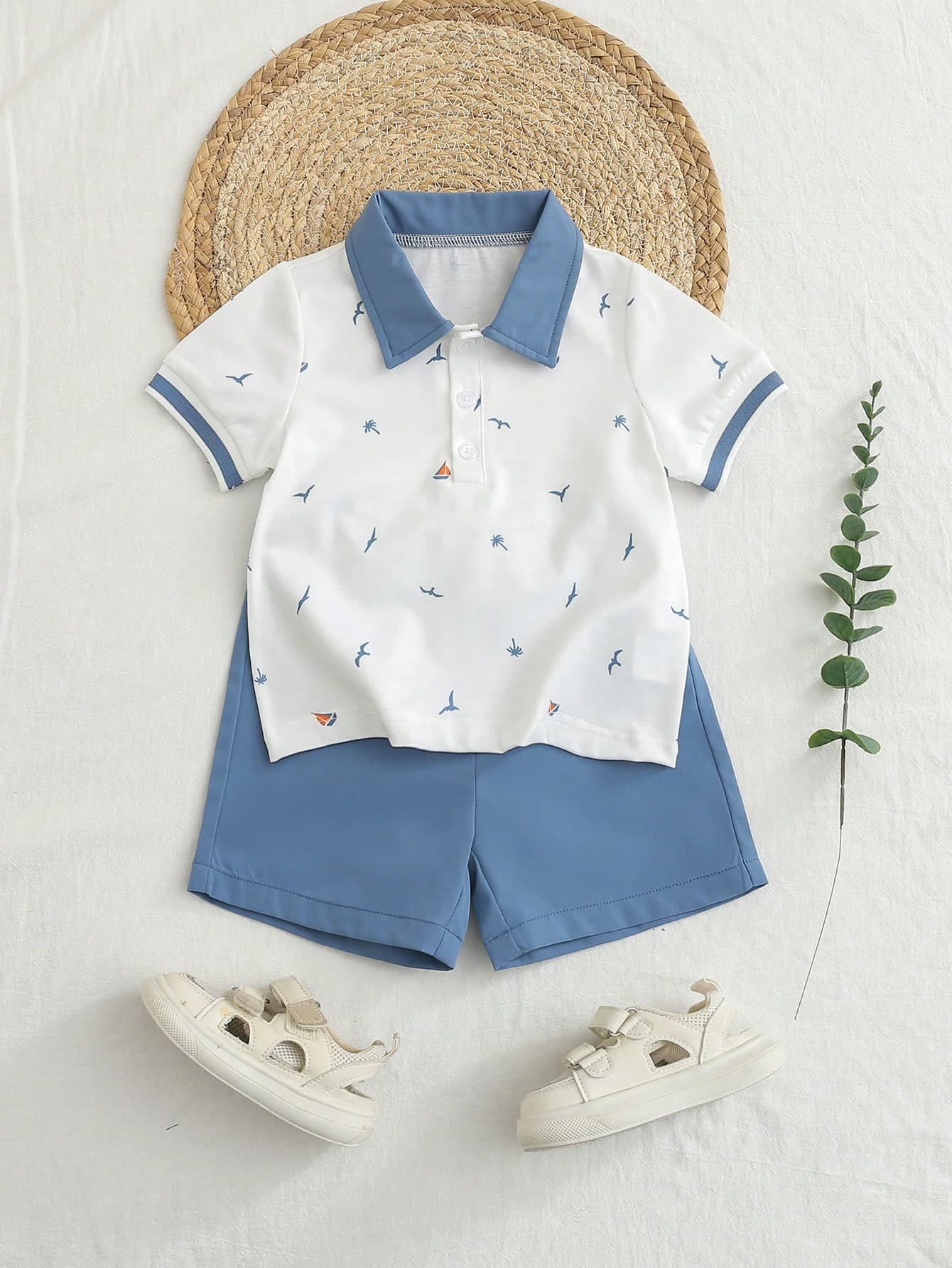 Souflis Souflis Toddler Boys' Summer Casual 2-Piece Set,Palm Tree & Boat Print Polo Shirt,Elastic Waist Shorts,Blue And Brown Polka Dot,Vacation,Holiday,6M-3Y