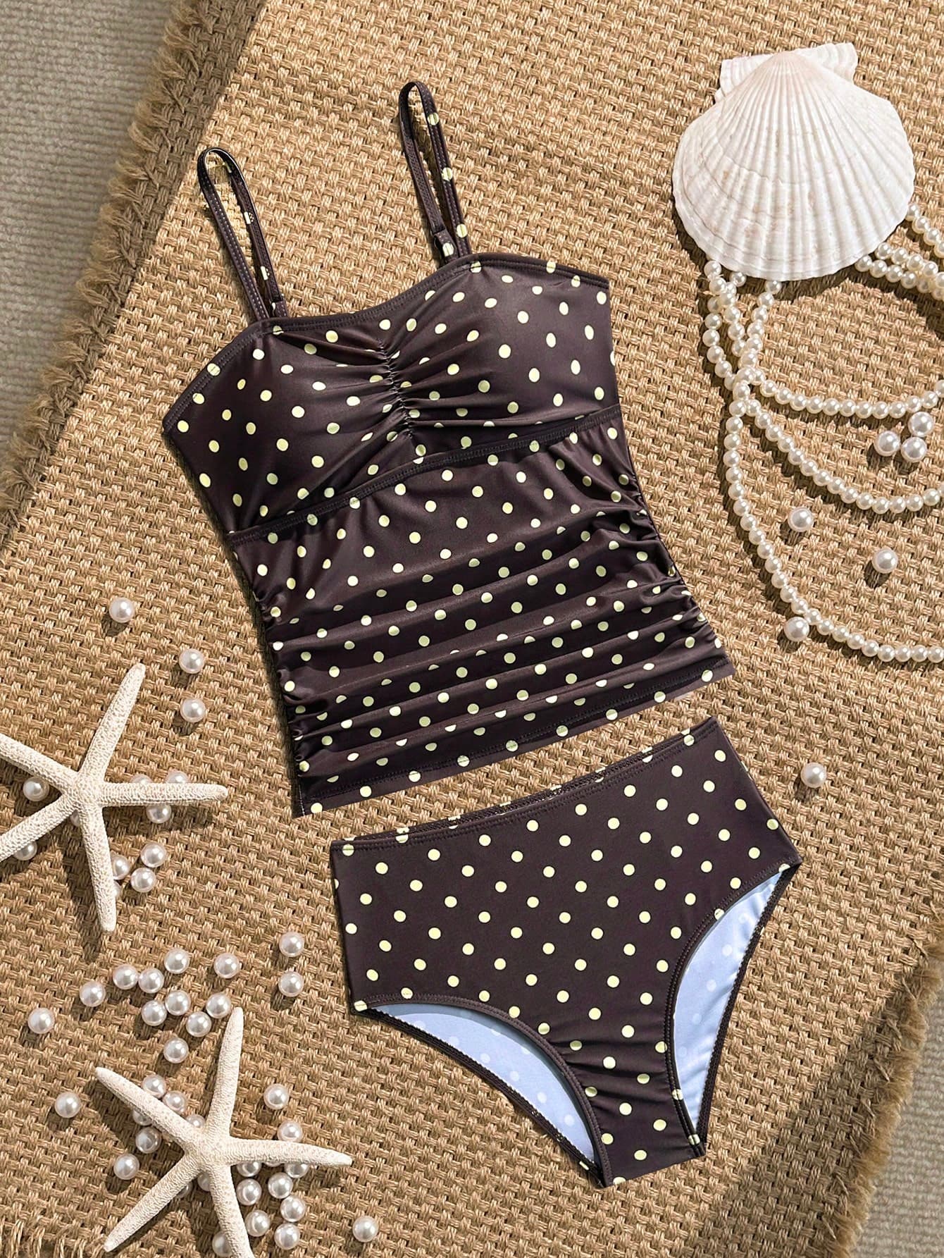 SHEIN Tween Girl Brown Polka Dot Tankini Swimwear,Retro Cute Summer Beach Holiday,Snug Fit Spaghetti Strap Ruched Waist Ladylike Children's Bathing Suit