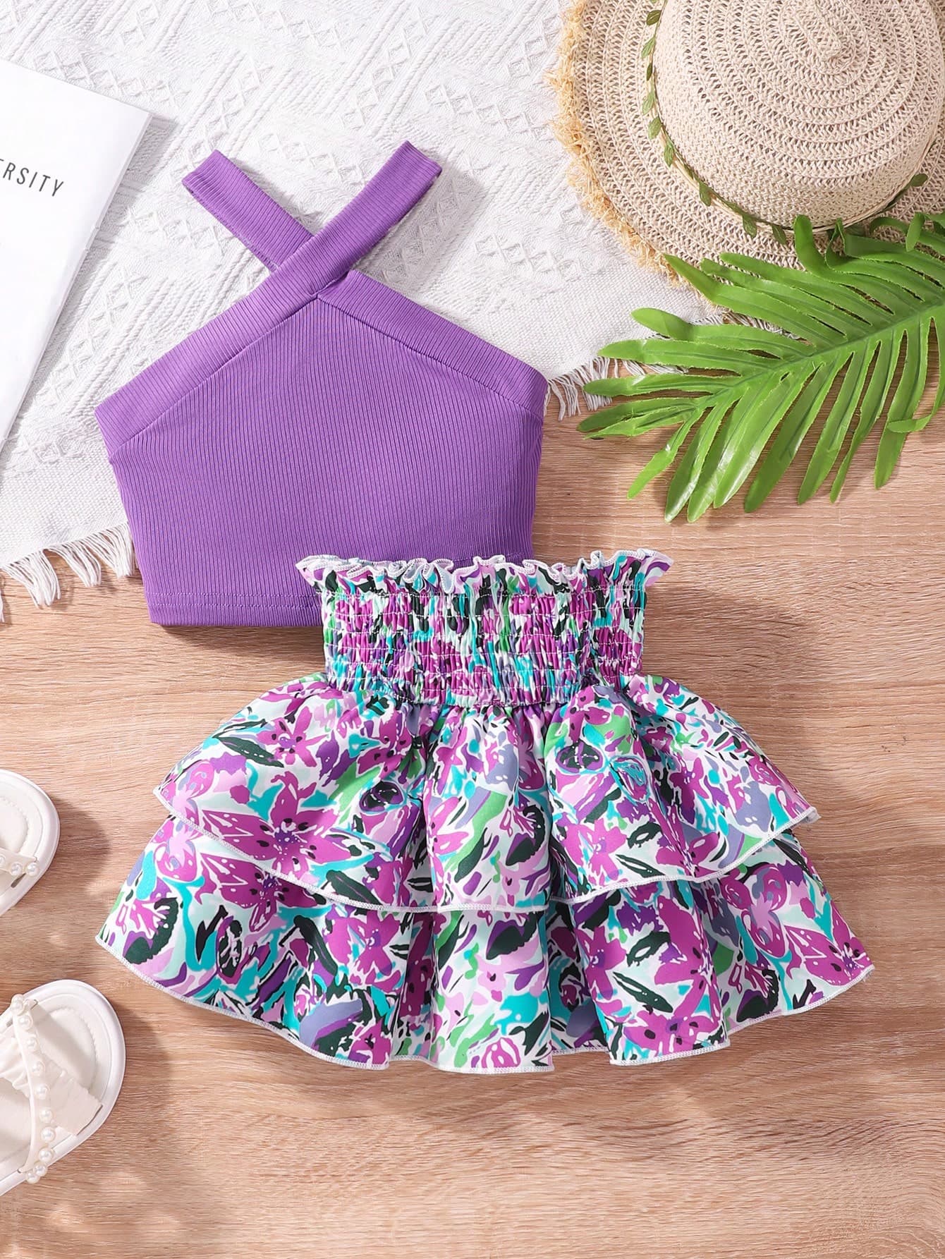 SHEIN Genkimix Kids Toddler Girls' Vacation Casual Halter Solid Color Tank Top And Elastic Waist Floral Ruffle Skirt Set, Summer