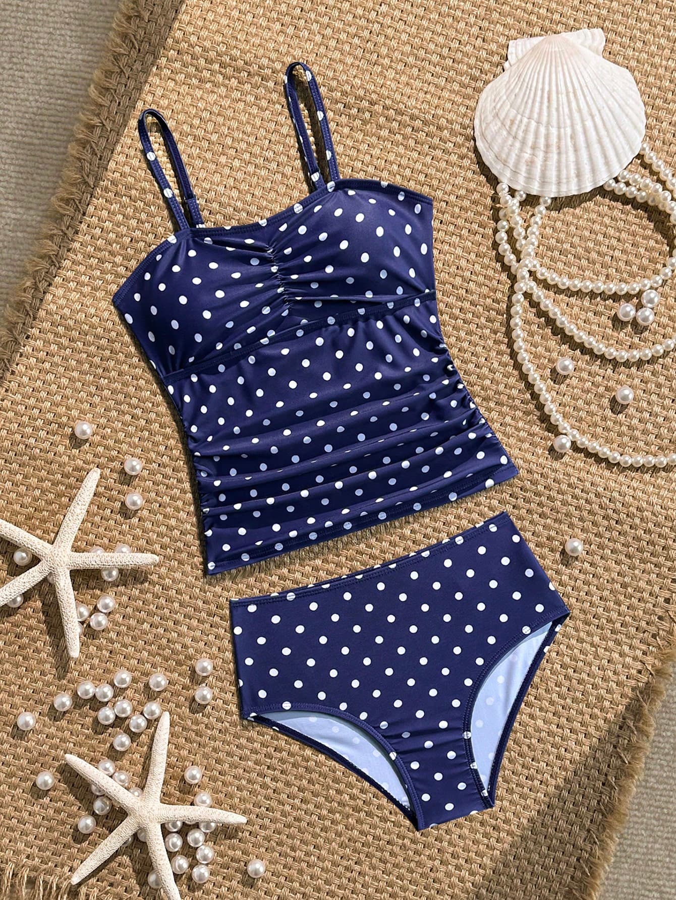 SHEIN Tween Girl Navy Polka Dot Bikini Swimwear,Retro Cute Summer Beach Holiday,Snug Fit Children's Swimsuit,Spaghetti Strap Ruched Waist Ladylike Holiday