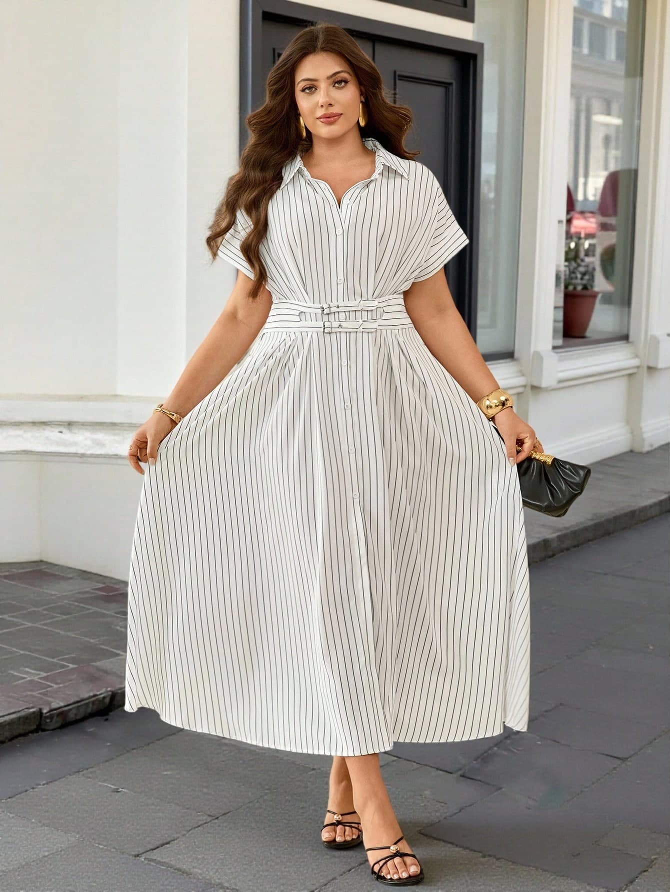 Vionelle Plus Size Summer Casual Waist Cinched Striped Short Sleeve Dress