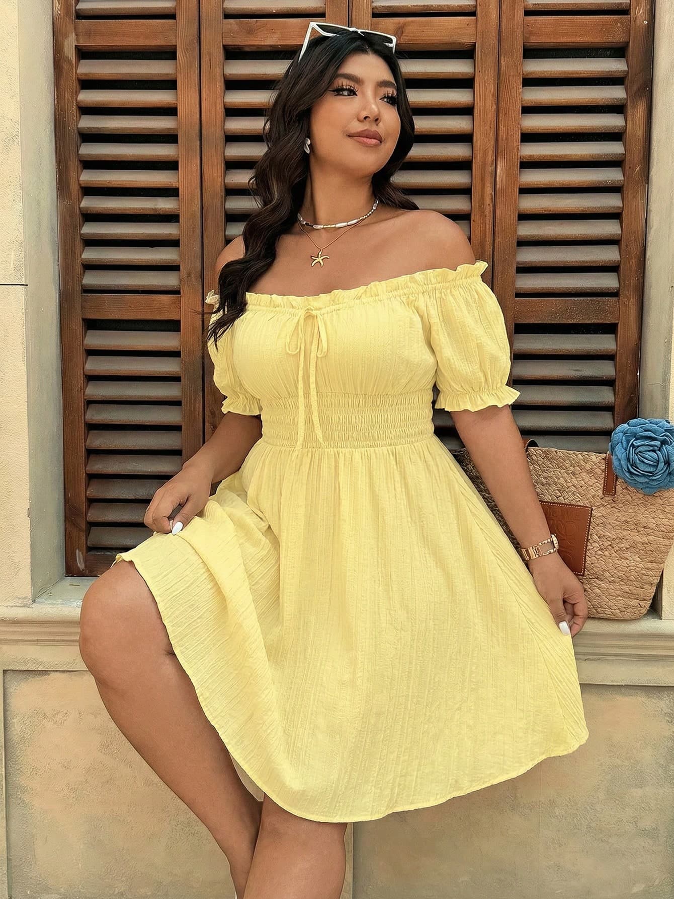 SHEIN LUNE Plus Size Off-Shoulder Striped Floral Print Dress For Summer Holiday Picnic Vacation Yellow Boho Holiday Picnic Holiday Vacation Vacation