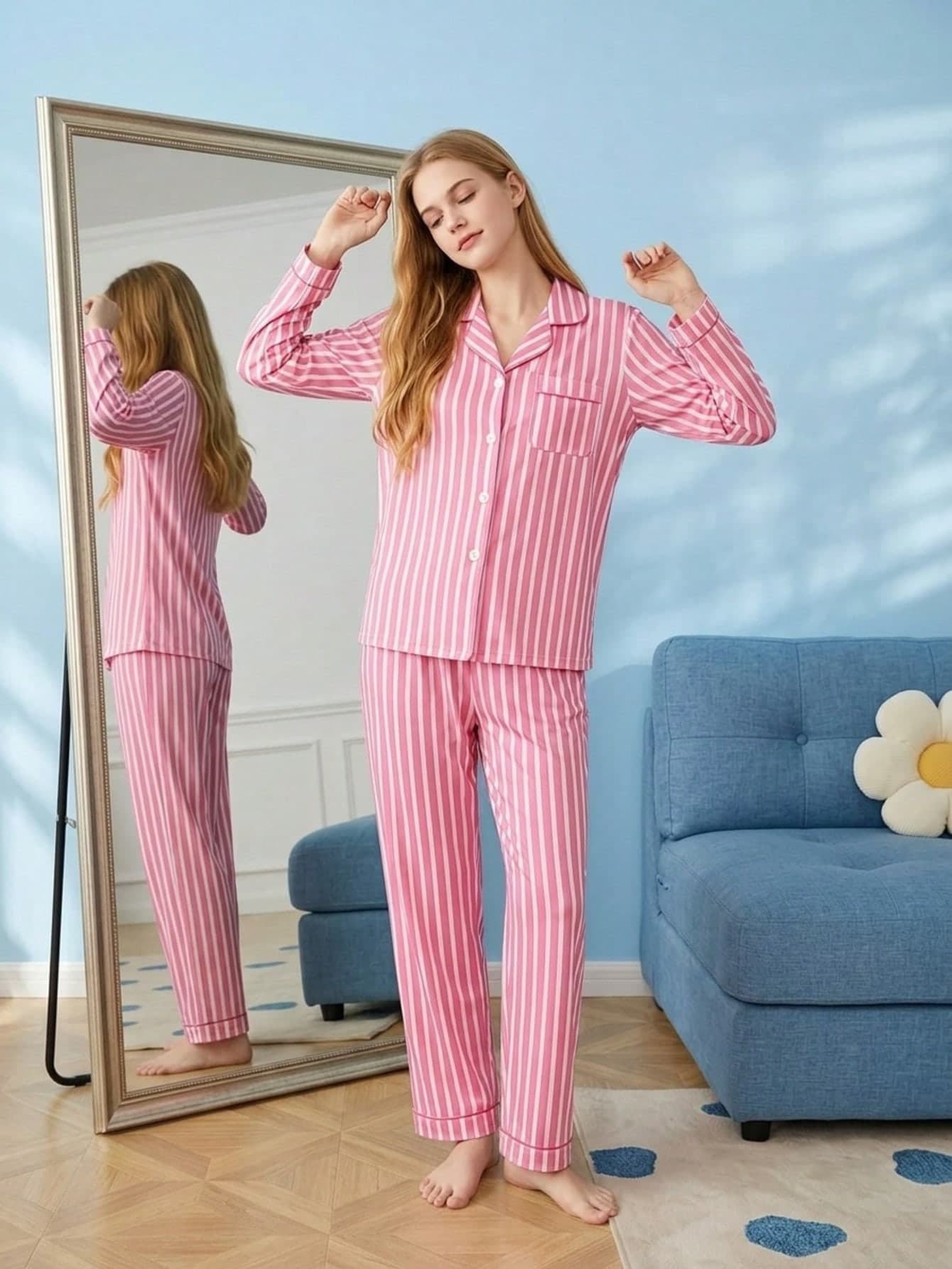 Joivida 2-Piece Long-Sleeved Sleepwear Set With Striped Prints, Lapel, And Button-Up Design For Casual Home Wear
