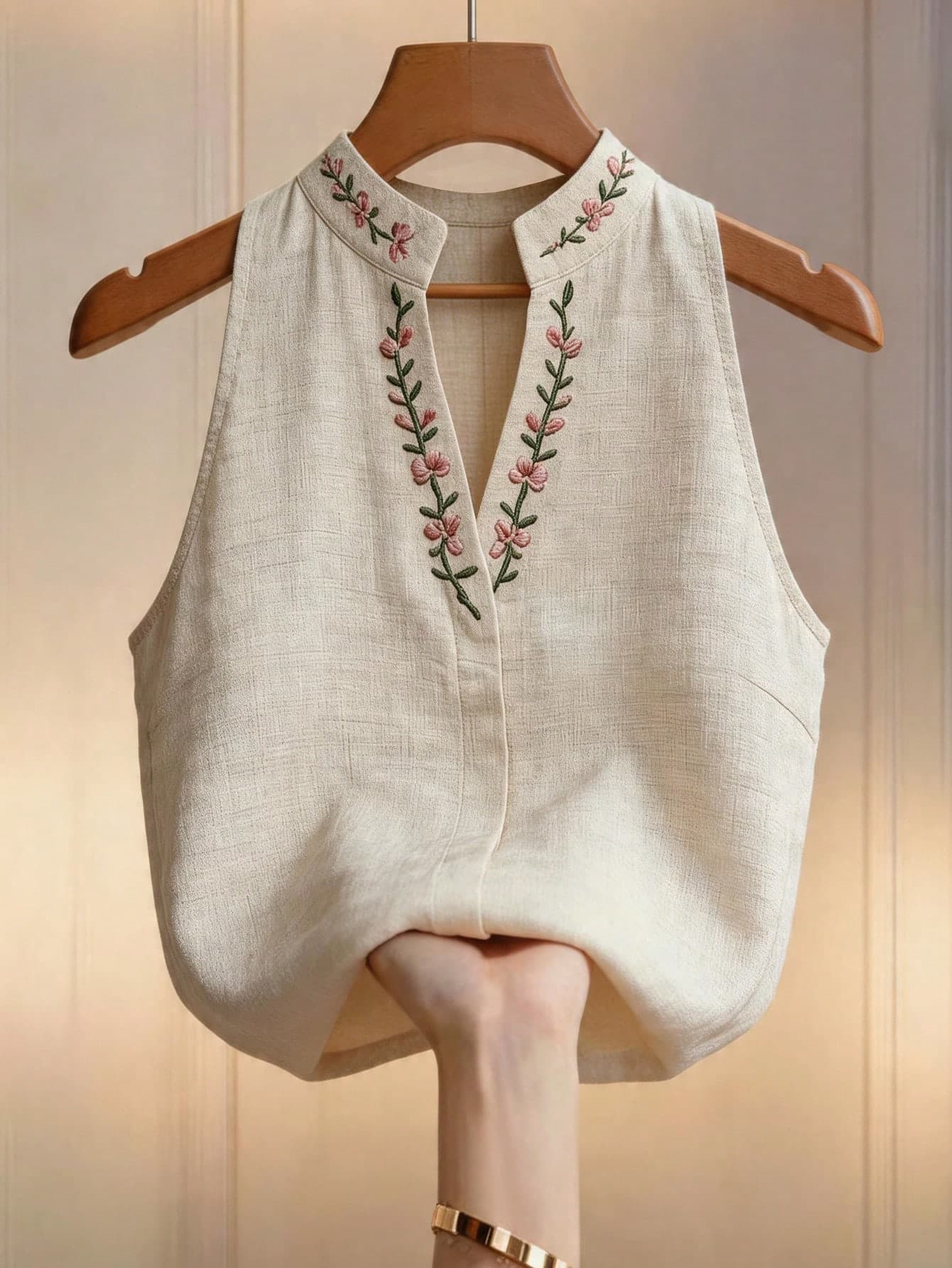 Louniche Women's Floral Embroidered Notch Neck Tank Top, Embroidered Top, Elegant Summer, Office & Commute Wear