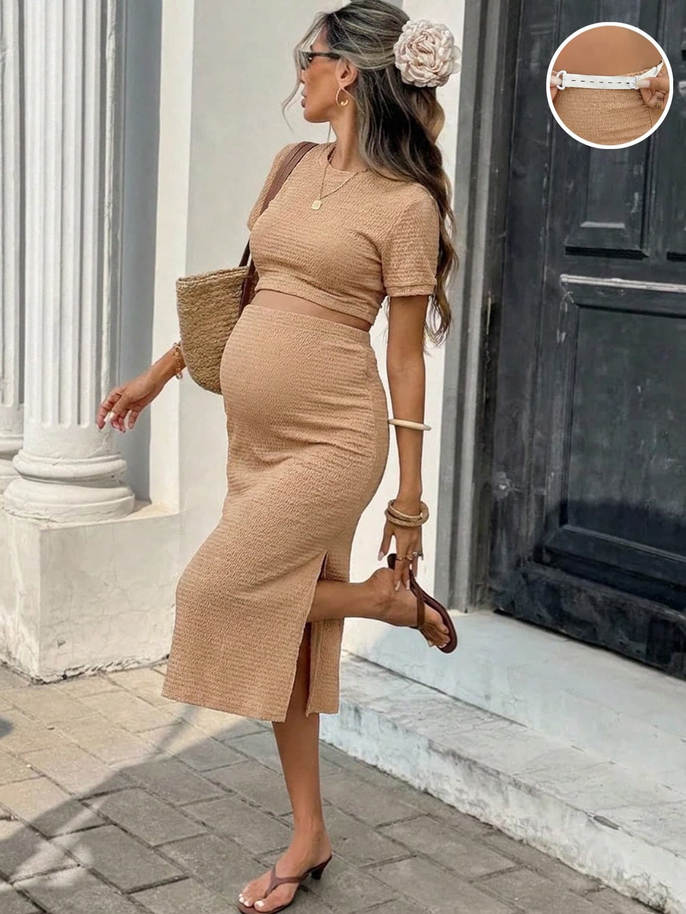 SHEIN Maternity Solid Color Round Neck Short Sleeve Top And Split Hem Skirt Casual 2 Pieces Set
