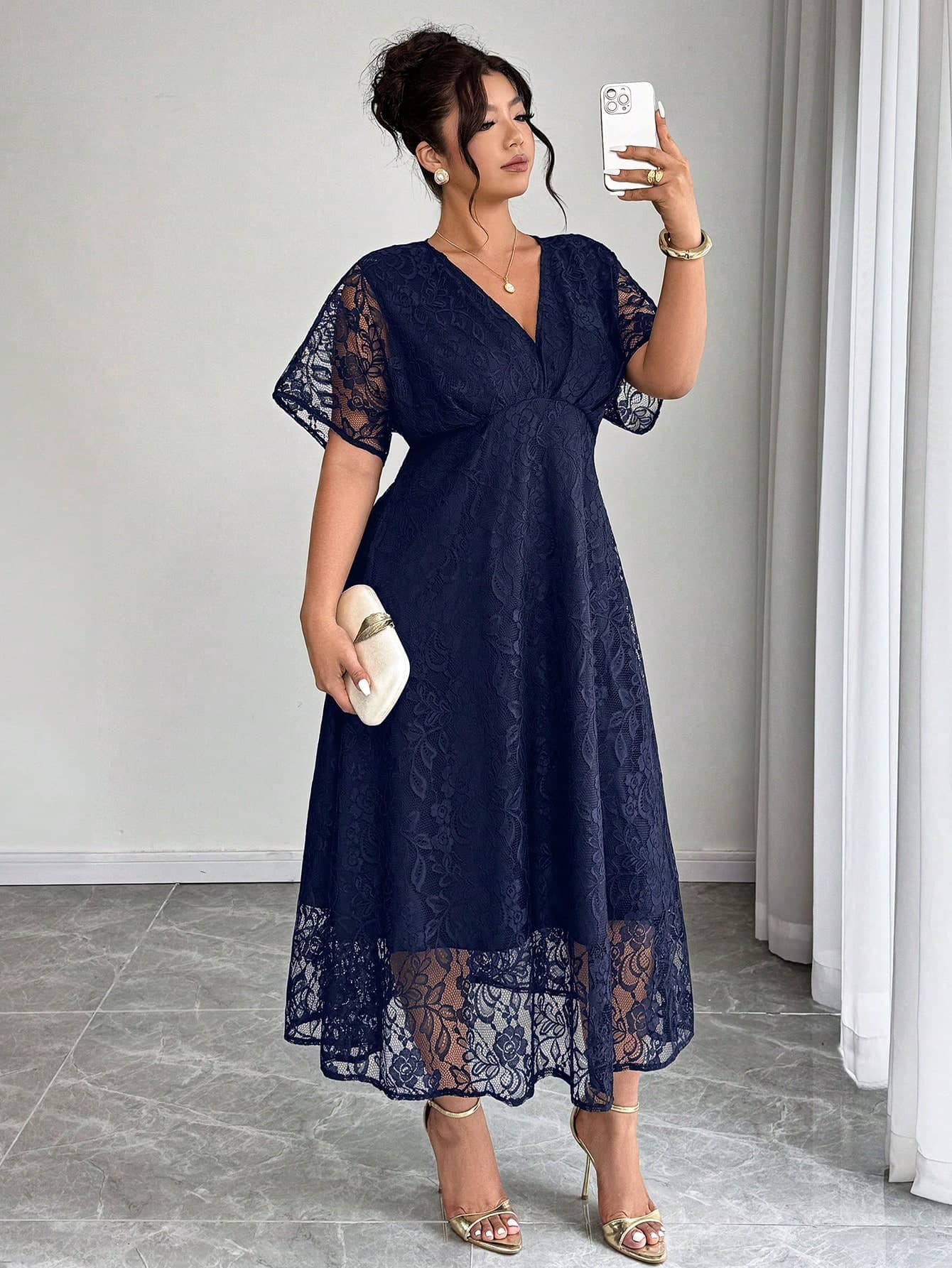 Elenzga Plus Size Women's Elegant V-Neck Lace Dress, Waist Cinched A-Line Silhouette, Suitable For Wedding, Party, Banquet, Spring/Summer