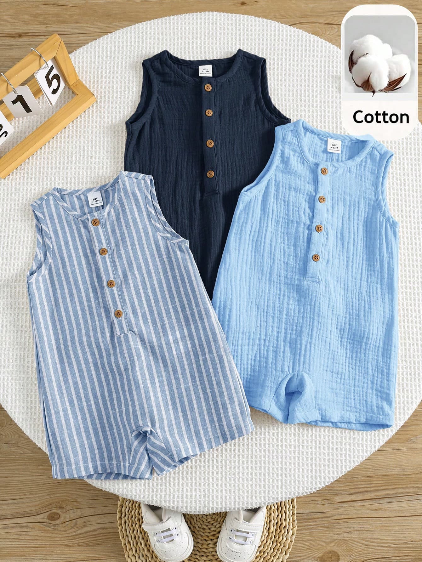 SHEIN 3pcs Newborn Baby Unisex Casual Striped Sleeveless Romper & Bib Shorts Set, Suitable For Outing And Vacation