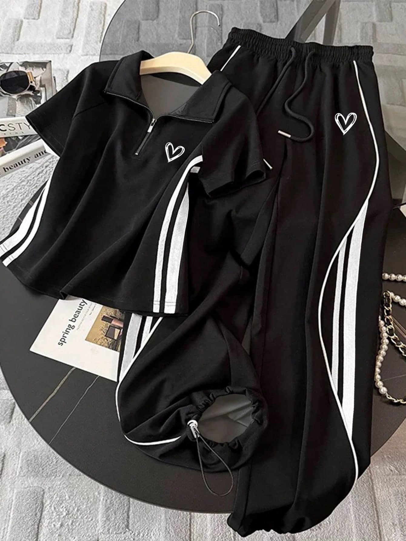 Resyla Stand Collar Raglan Short Sleeve Top + Casual Pants Set