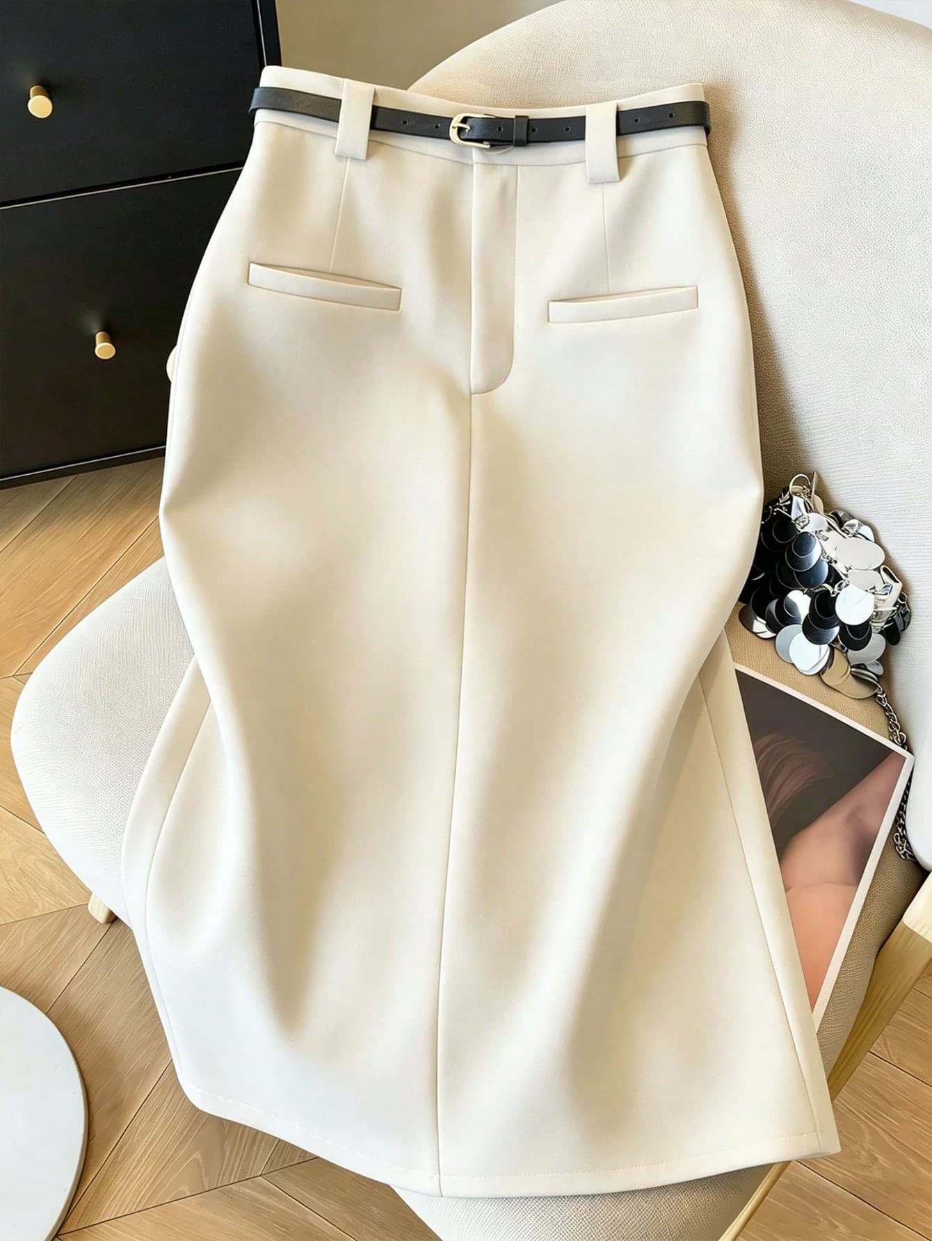 Franclia Women White High-Waisted Slit Skirt With Belt,Summer Business Casual Office Suit Skirt,Beach Casual Mid-Length Slim Straight Commuter Skirt,2026 New