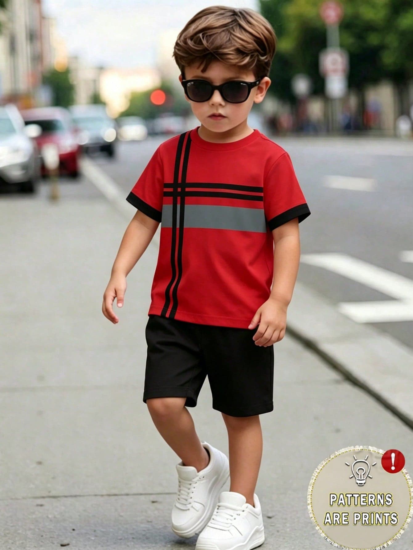 Genkimix Kids 2pcs Young Boys Casual Colorblock Striped Print Short Sleeve T-Shirt And Printed Shorts Set,Suitable For Outdoor Summer Squishy Boy Clothes(Small)
