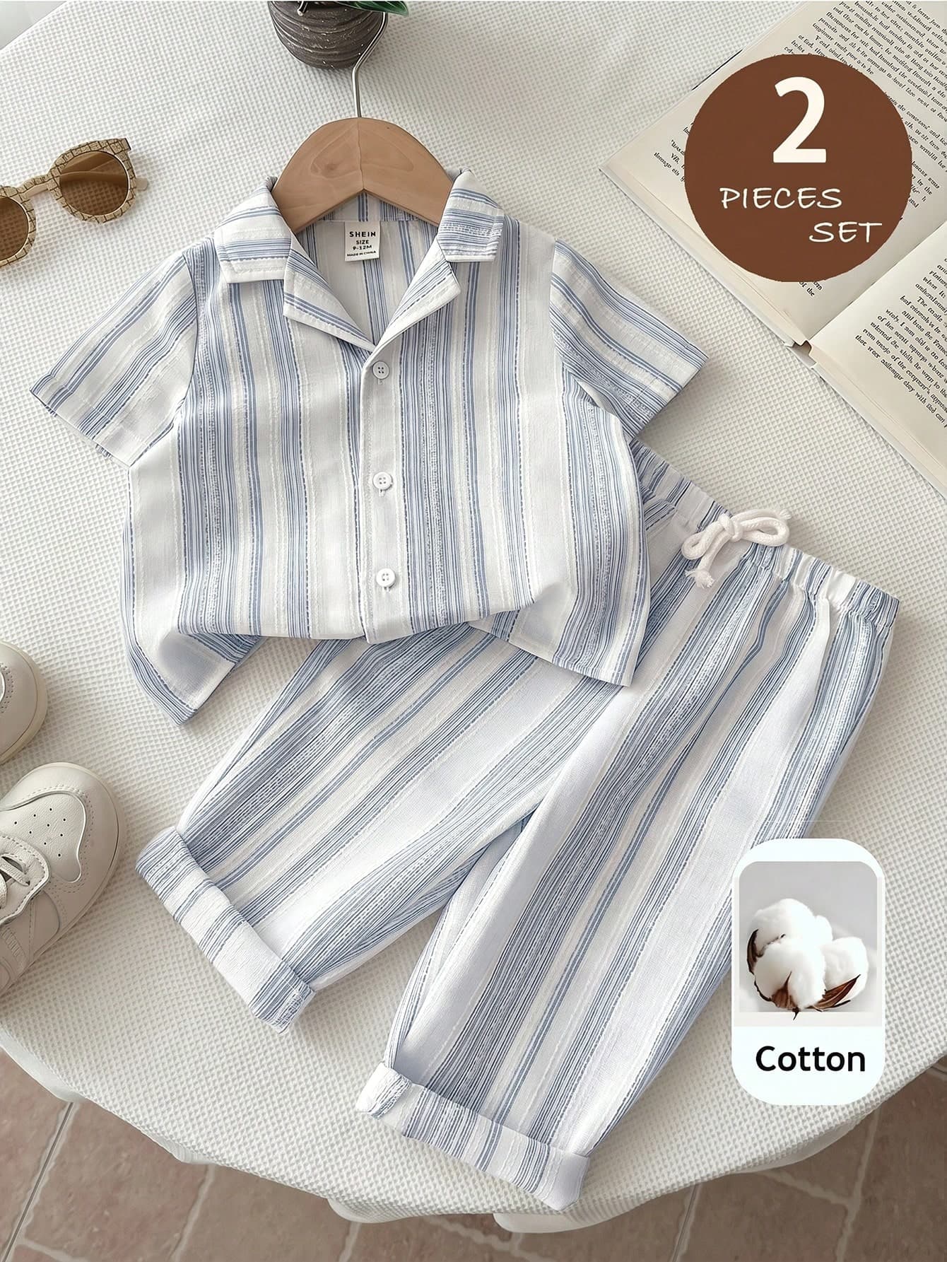 LMoss Kids 2pcs Baby Boy Woven Striped Casual Shirt And Pants Set