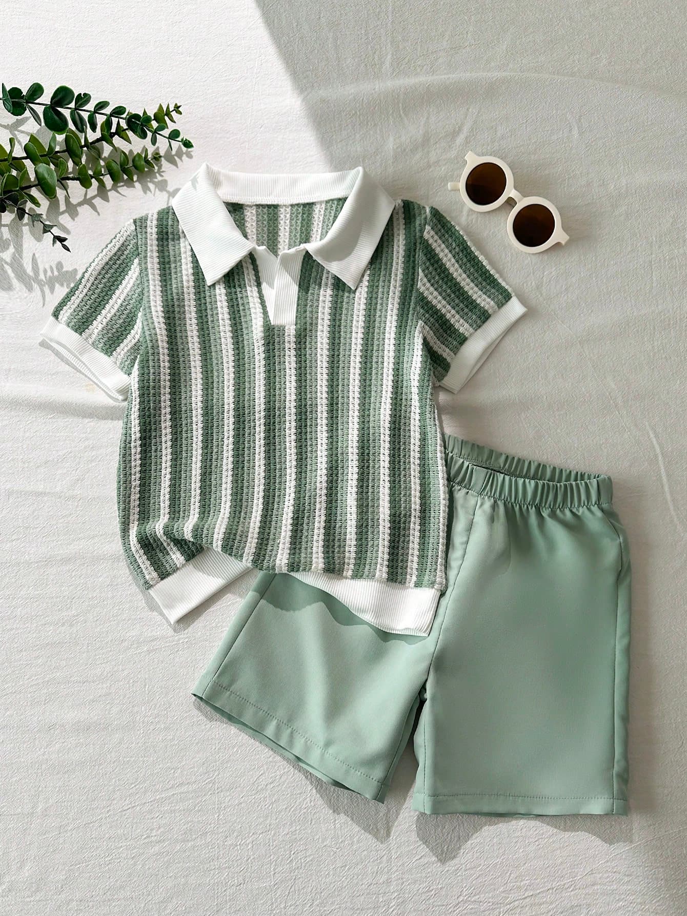 SHEIN Playful Pals 2pcs Toddler Boys' Set,Summer Vintage Striped Waffle Knit Short Sleeve Polo Shirt & Casual Shorts,Turndown Collar V-Neck Retro Textured Pattern Outfit