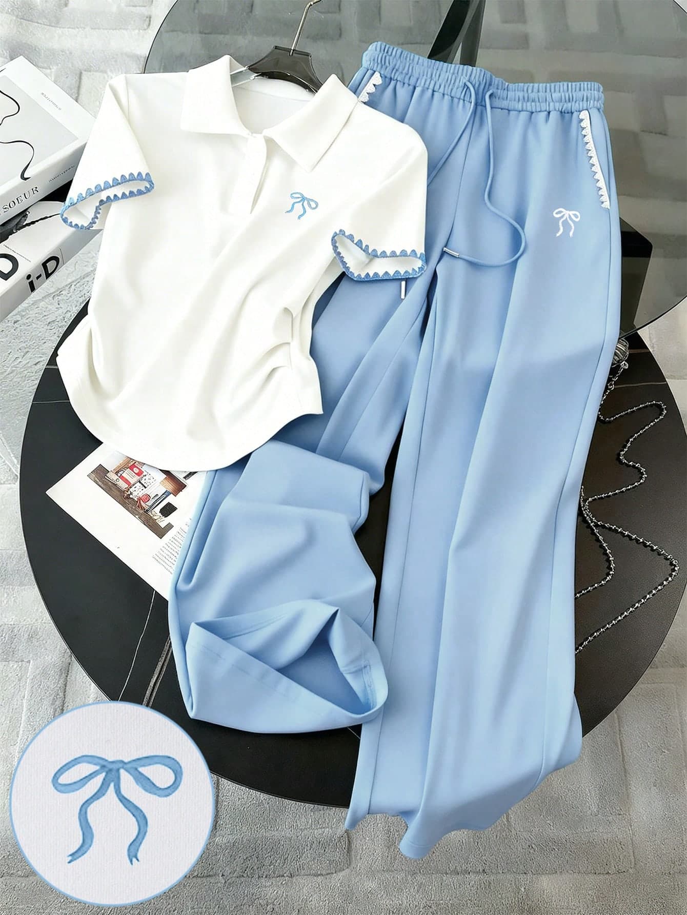 Franclia Bow Embroidery, Special Crafted Shell Embroidery Fashionable Minimalist Women's Polo Collar T-Shirt + Pants Set, Gift For Friends