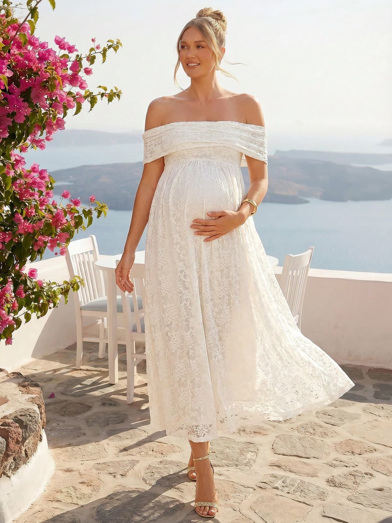Loomaby Maternity Solid Color Lace Patchwork Minimalist Daily Wear Off-Shoulder Dress