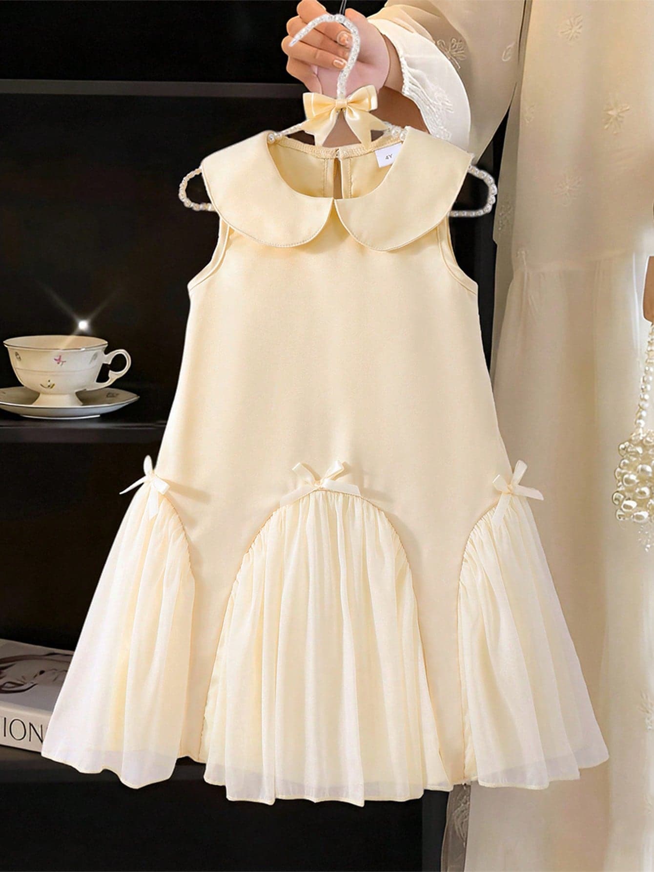 Girls Apricot Peter Pan Collar Sleeveless Smock Midi Dress With Pleated Details For Everyday Casual Wear