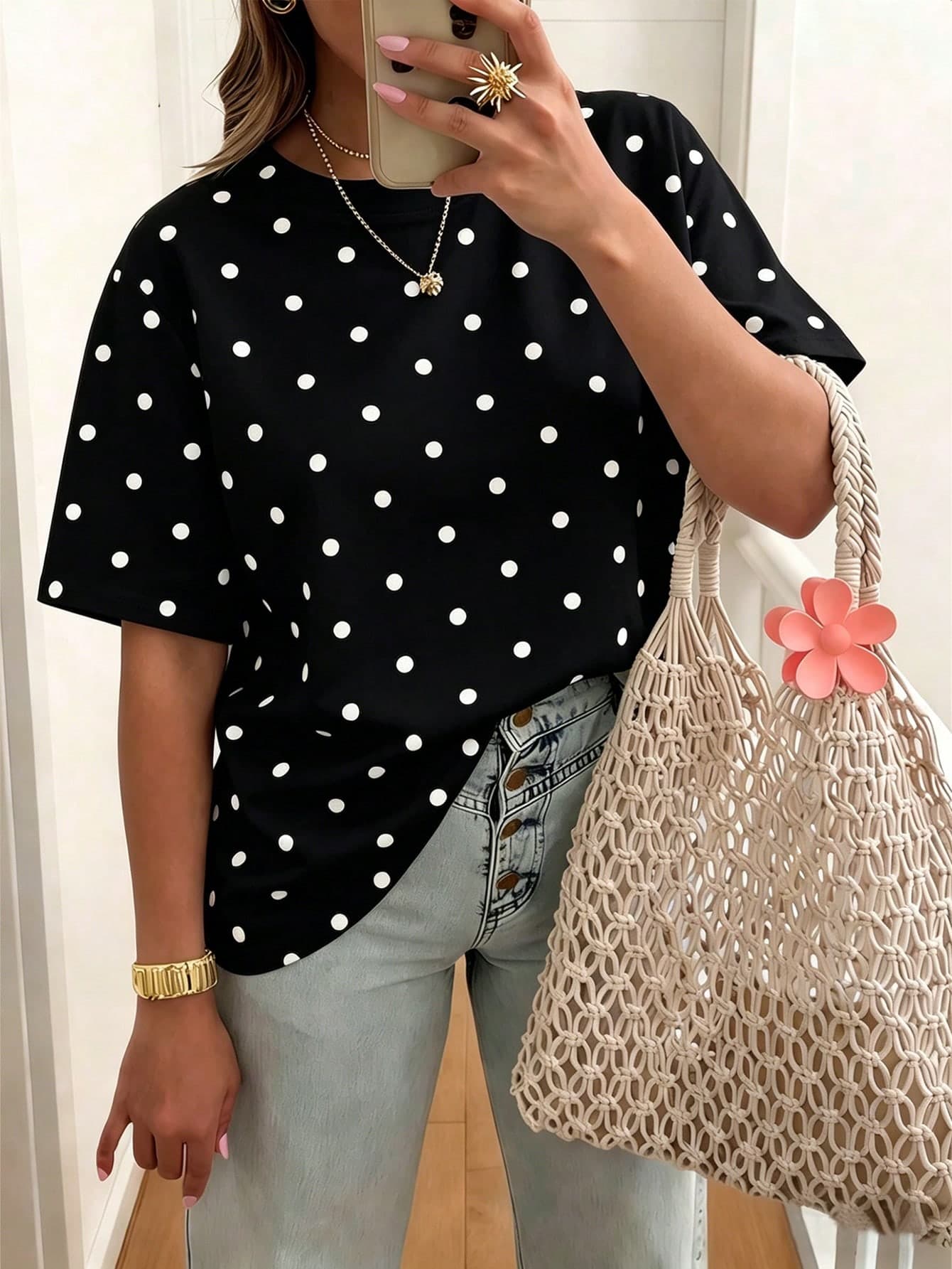 EMERY ROSE Polka Dot Crew Neck Casual Short-Sleeved T-Shirt, Plus Size Women's T-Shirt, Summer